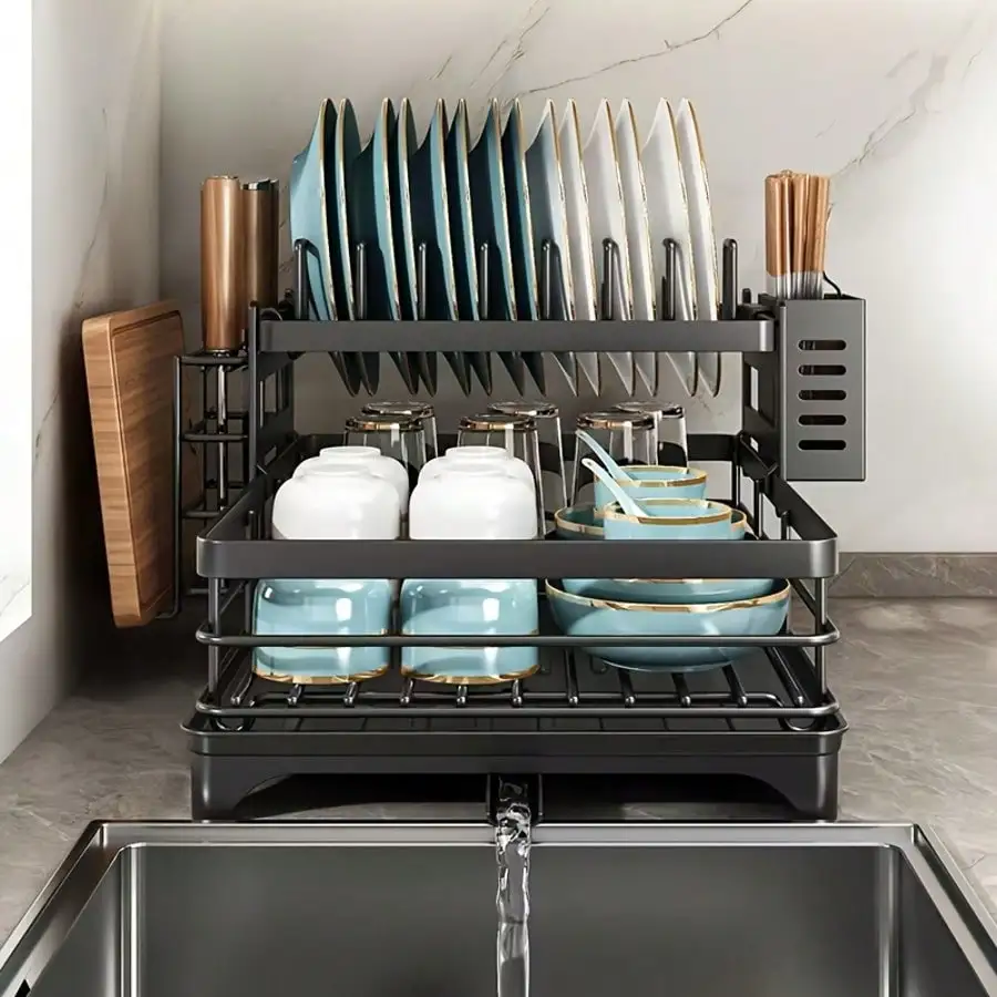 2-Tier Black Retractable Dish Rack, Suitable For Kitchen Countertops; Large Dish Rack Features A Pot Rack, Cup Rack, And Bowl Rack; Ideal For Use On Kitchen Countertops And Over Sinks; High-Capacity Storage Rack With Drain Tray