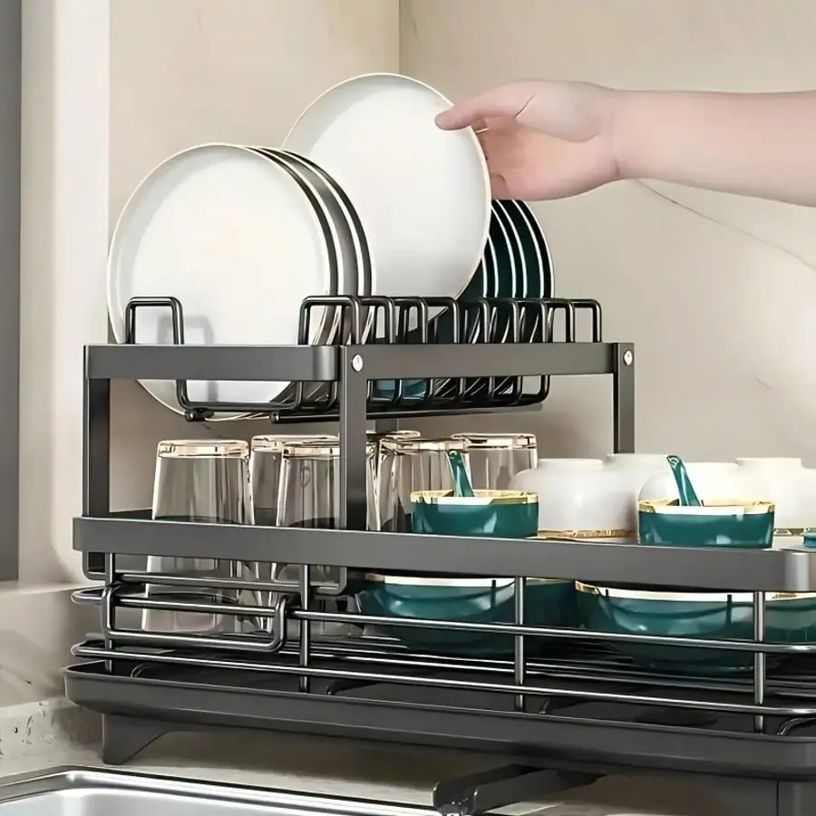 2-Tier Black Retractable Dish Rack, Suitable For Kitchen Countertops; Large Dish Rack Features A Pot Rack, Cup Rack, And Bowl Rack; Ideal For Use On Kitchen Countertops And Over Sinks; High-Capacity Storage Rack With Drain Tray