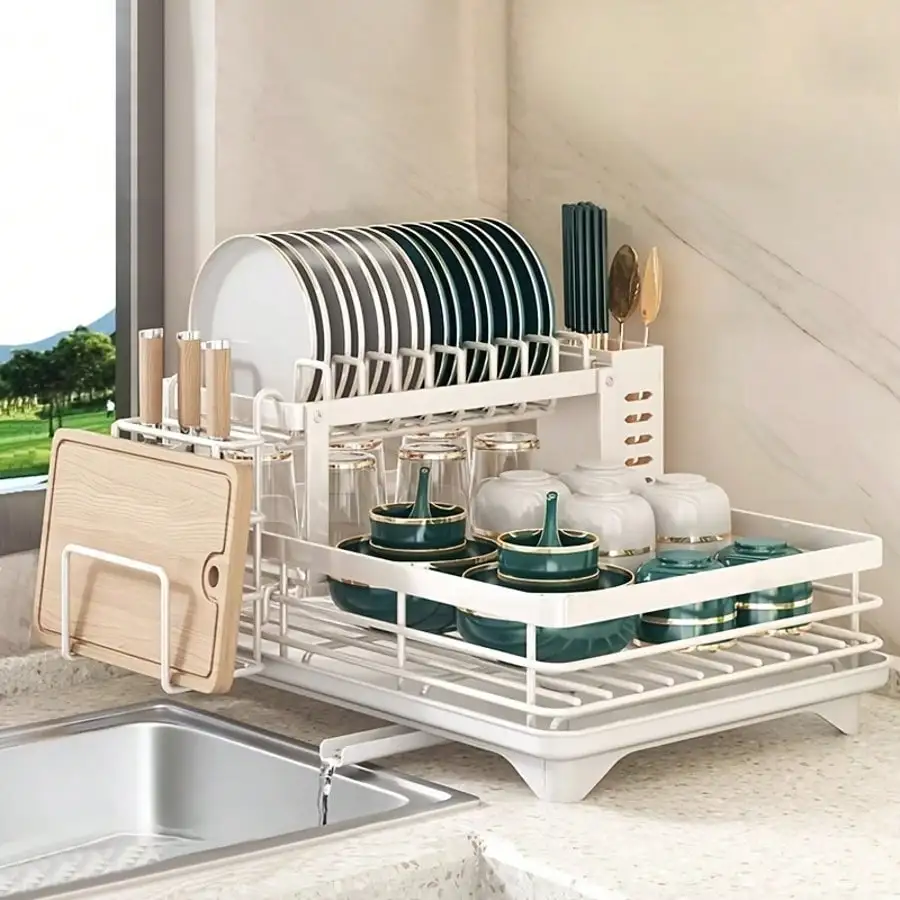2-Tier Black Retractable Dish Rack, Suitable For Kitchen Countertops; Large Dish Rack Features A Pot Rack, Cup Rack, And Bowl Rack; Ideal For Use On Kitchen Countertops And Over Sinks; High-Capacity Storage Rack With Drain Tray