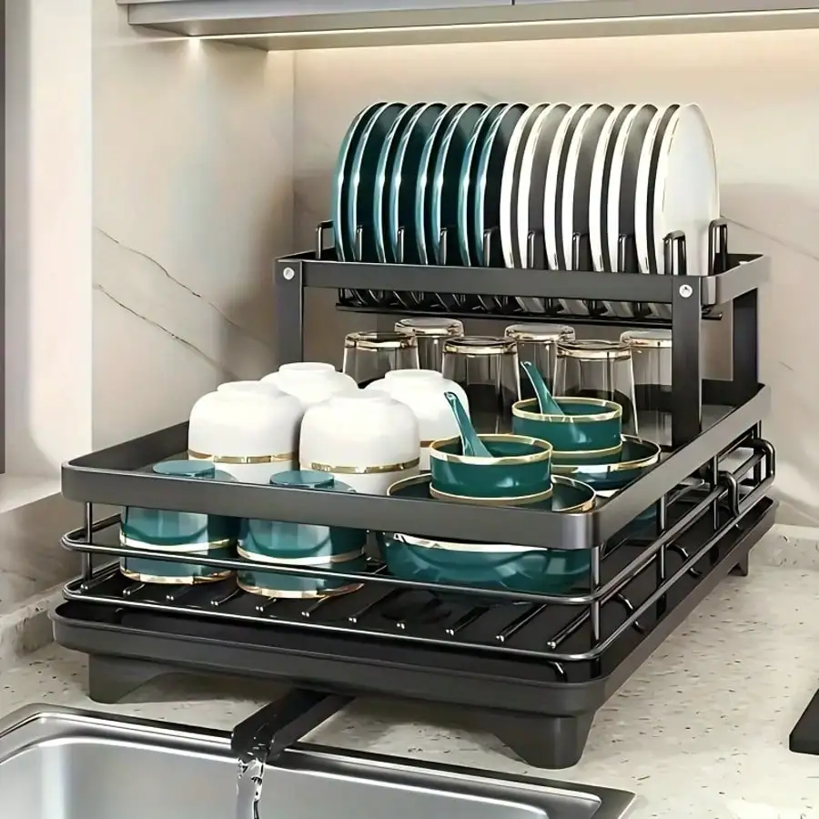 2-Tier Black Retractable Dish Rack, Suitable For Kitchen Countertops; Large Dish Rack Features A Pot Rack, Cup Rack, And Bowl Rack; Ideal For Use On Kitchen Countertops And Over Sinks; High-Capacity Storage Rack With Drain Tray