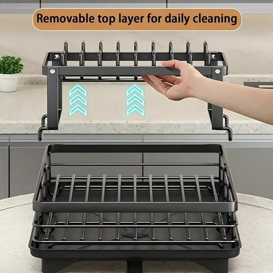 2-Tier Black Retractable Dish Rack, Suitable For Kitchen Countertops; Large Dish Rack Features A Pot Rack, Cup Rack, And Bowl Rack; Ideal For Use On Kitchen Countertops And Over Sinks; High-Capacity Storage Rack With Drain Tray