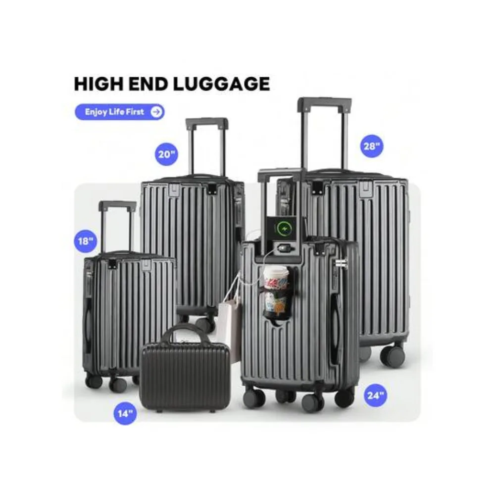 20 Inch Carry On Luggage With Cup Holder and USB Port, Airline Approved TSA Lock Hardside Suitcase, Lightweight PC Spinner Wheel Travel Suitcase for Women Men Business Vacation, 360 Degree Rolling Trolley Case with Front Pocket
