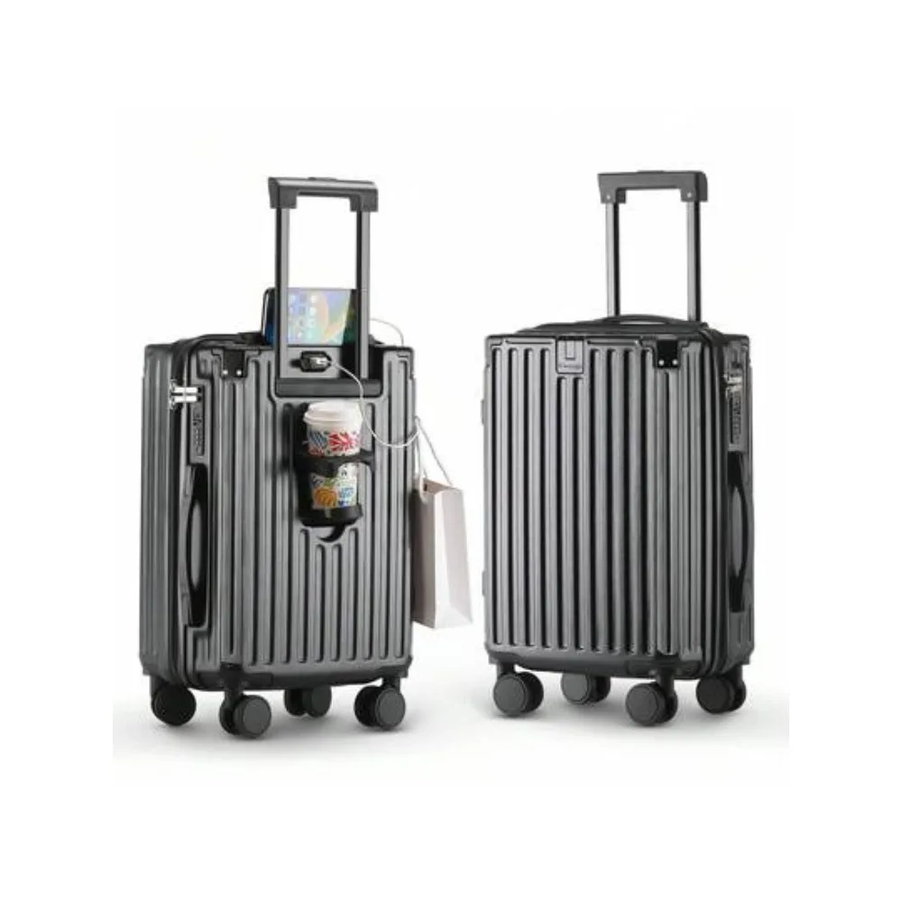 20 Inch Carry On Luggage With Cup Holder and USB Port, Airline Approved TSA Lock Hardside Suitcase, Lightweight PC Spinner Wheel Travel Suitcase for Women Men Business Vacation, 360 Degree Rolling Trolley Case with Front Pocket