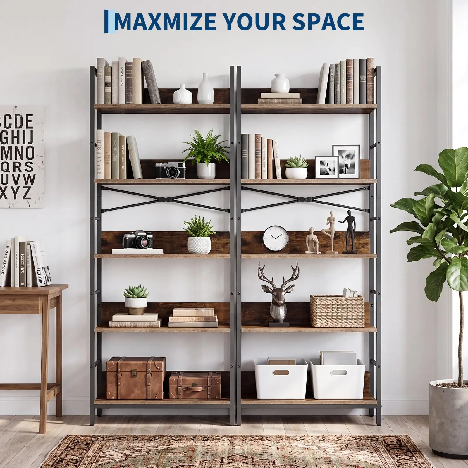 5 Tier Tall Bookshelf With Metal Frame and Wood Shelves, Industrial Bookcase Open Display Storage Rack For Living Room Bedroom Office
