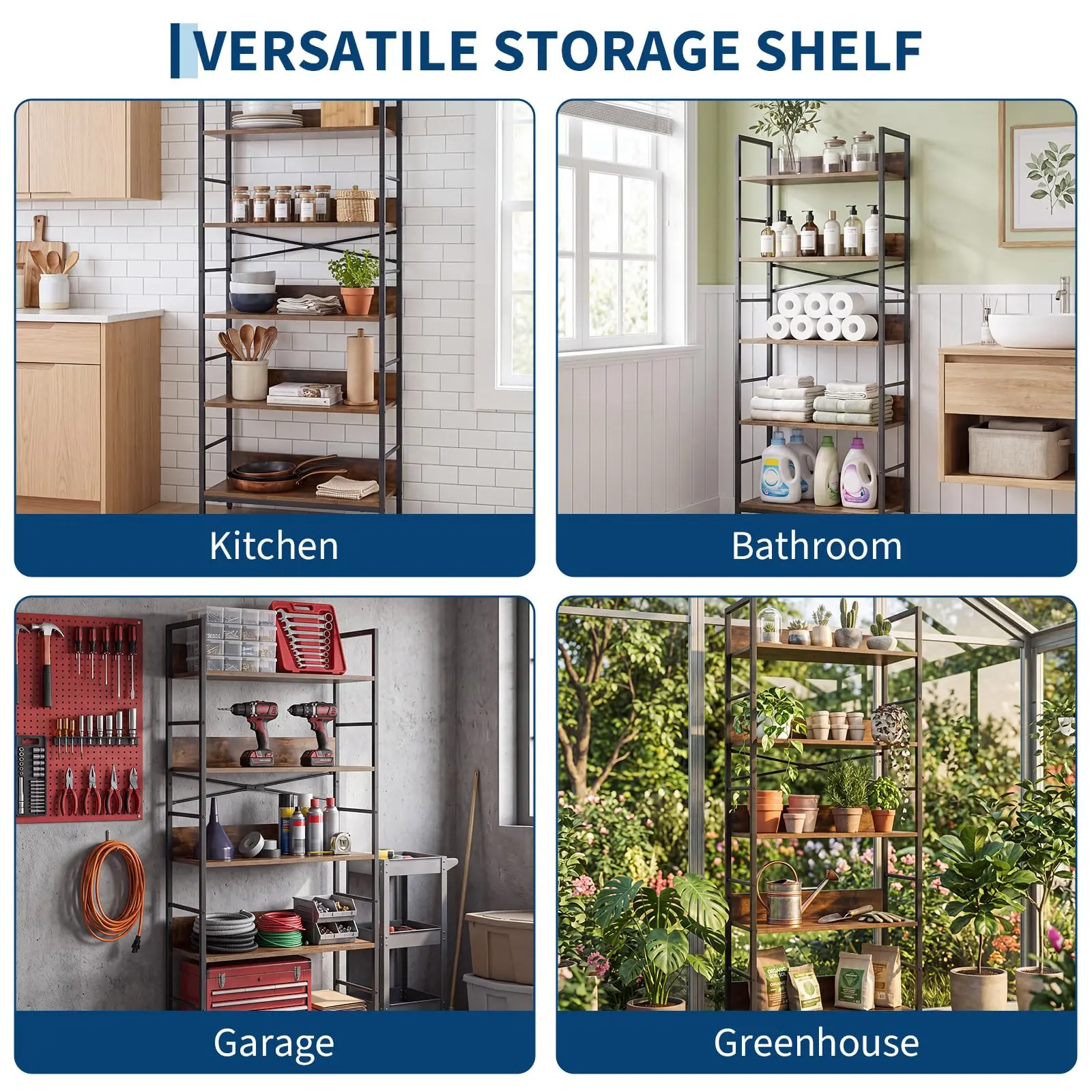 5 Tier Tall Bookshelf With Metal Frame and Wood Shelves, Industrial Bookcase Open Display Storage Rack For Living Room Bedroom Office