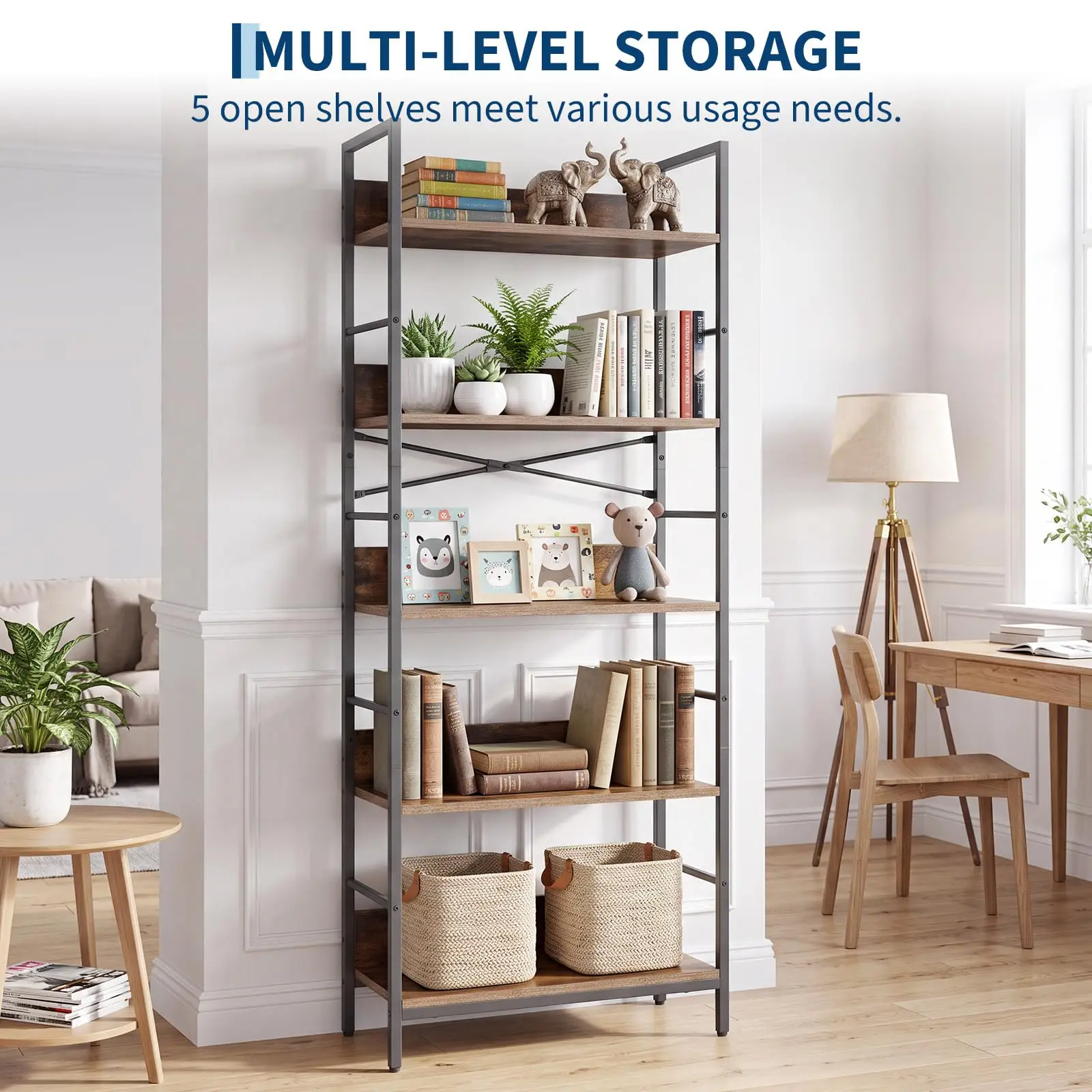 5 Tier Tall Bookshelf With Metal Frame and Wood Shelves, Industrial Bookcase Open Display Storage Rack For Living Room Bedroom Office