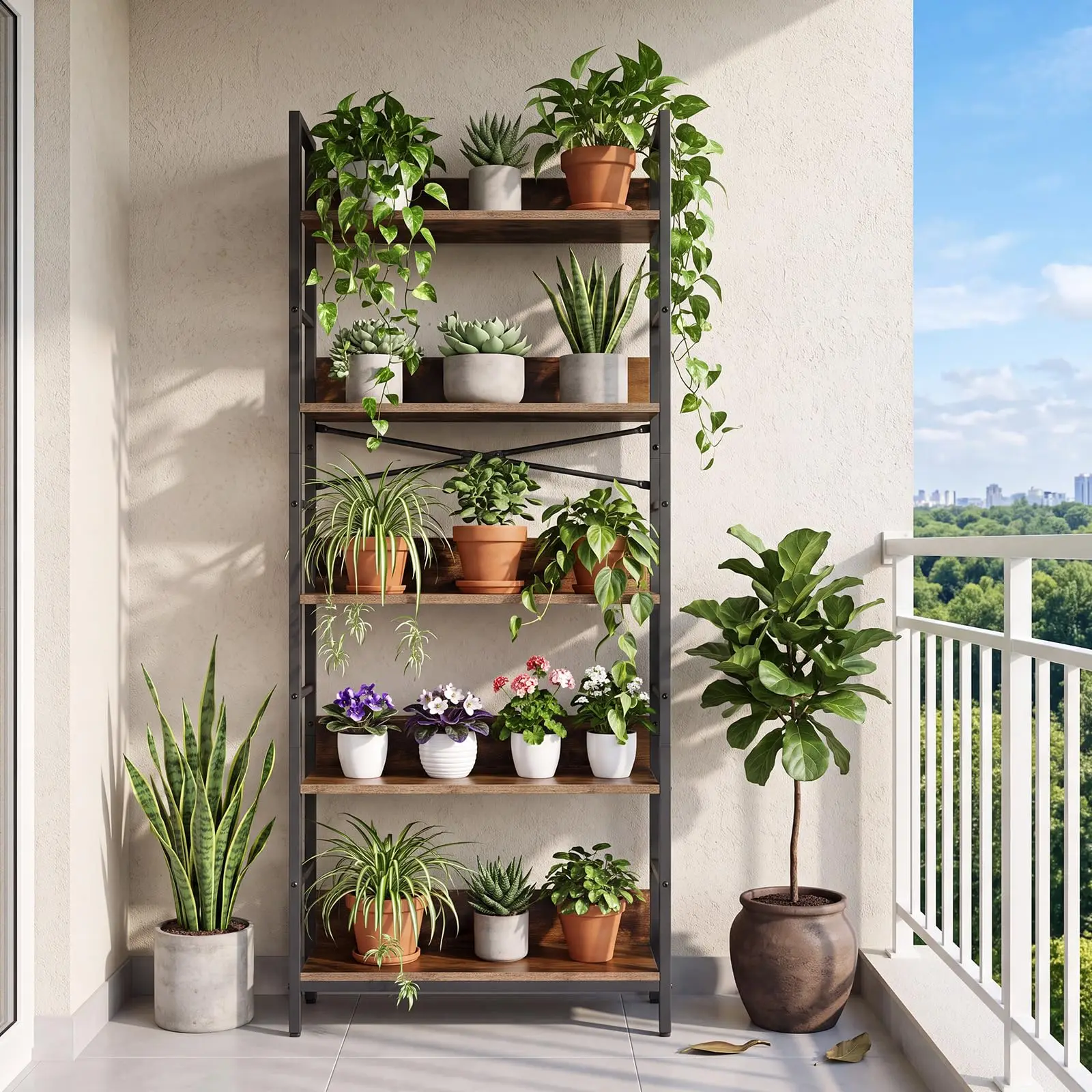 5 Tier Tall Bookshelf With Metal Frame and Wood Shelves, Industrial Bookcase Open Display Storage Rack For Living Room Bedroom Office
