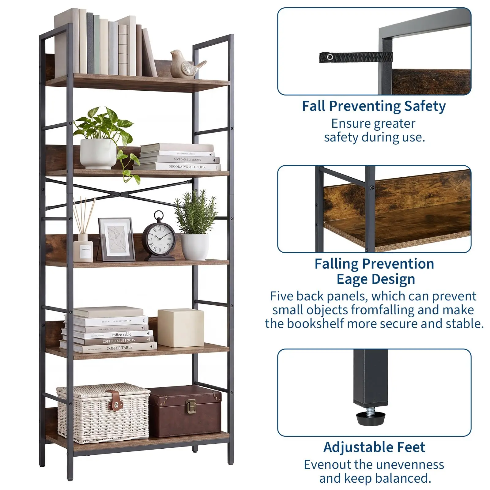 5 Tier Tall Bookshelf With Metal Frame and Wood Shelves, Industrial Bookcase Open Display Storage Rack For Living Room Bedroom Office