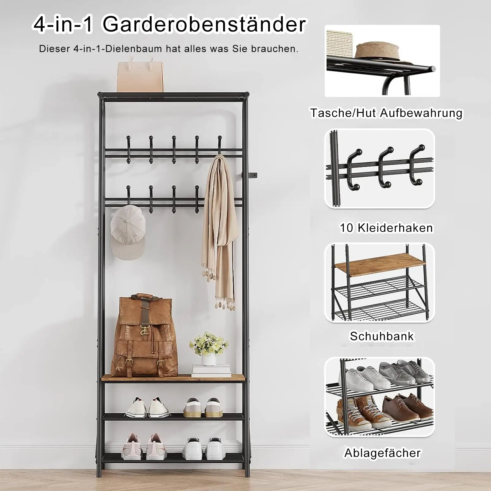 Coat Rack, Hall Tree with Bench and Shoe Storage,Entryway Bench with Coat Rack, 5 Hooks and 3 Tier Shoe Storage, Metal Frame for Entryway, Hallway, Front Door