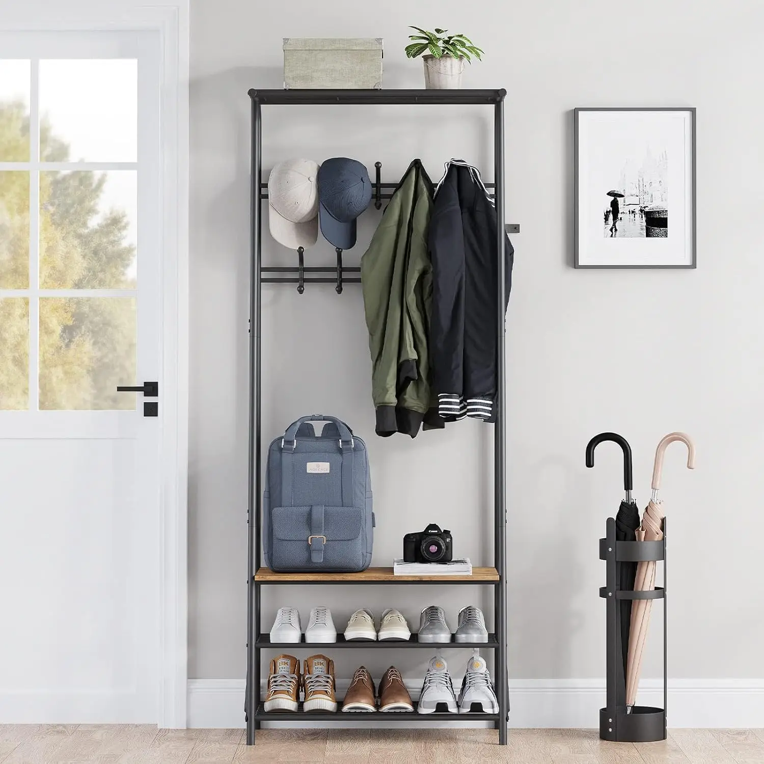 Coat Rack, Hall Tree with Bench and Shoe Storage,Entryway Bench with Coat Rack, 5 Hooks and 3 Tier Shoe Storage, Metal Frame for Entryway, Hallway, Front Door