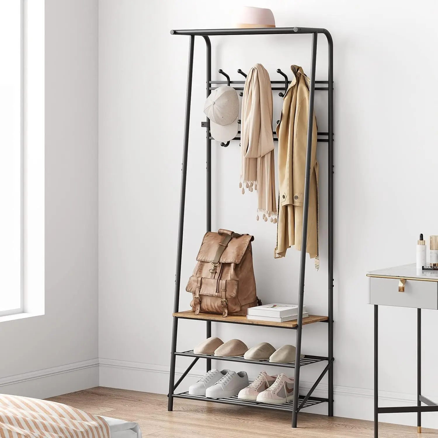 Coat Rack, Hall Tree with Bench and Shoe Storage,Entryway Bench with Coat Rack, 5 Hooks and 3 Tier Shoe Storage, Metal Frame for Entryway, Hallway, Front Door