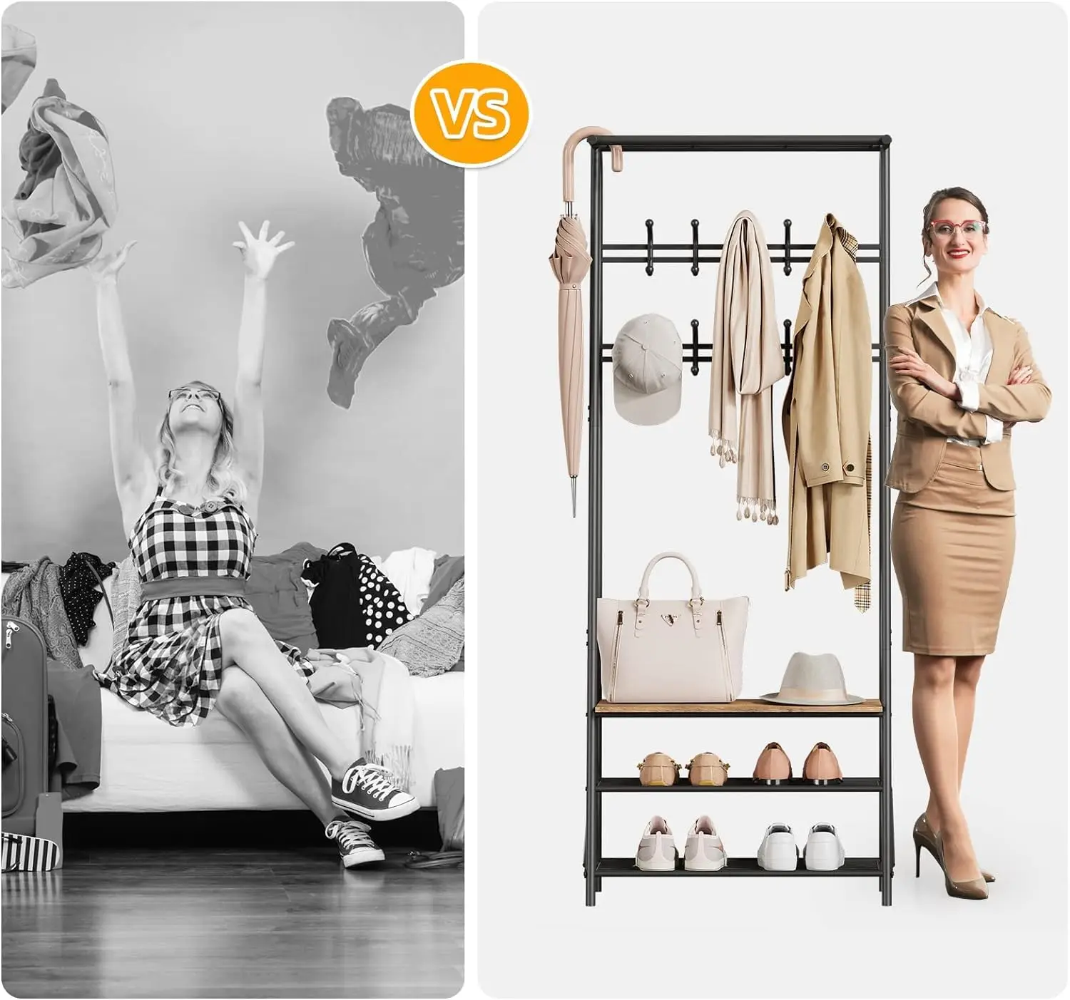 Coat Rack, Hall Tree with Bench and Shoe Storage,Entryway Bench with Coat Rack, 5 Hooks and 3 Tier Shoe Storage, Metal Frame for Entryway, Hallway, Front Door