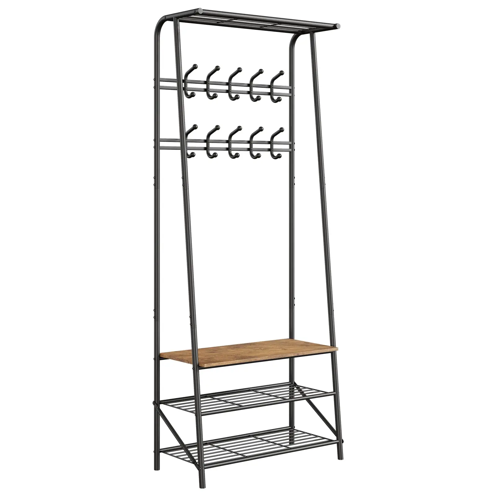 Coat Rack, Hall Tree with Bench and Shoe Storage,Entryway Bench with Coat Rack, 5 Hooks and 3 Tier Shoe Storage, Metal Frame for Entryway, Hallway, Front Door
