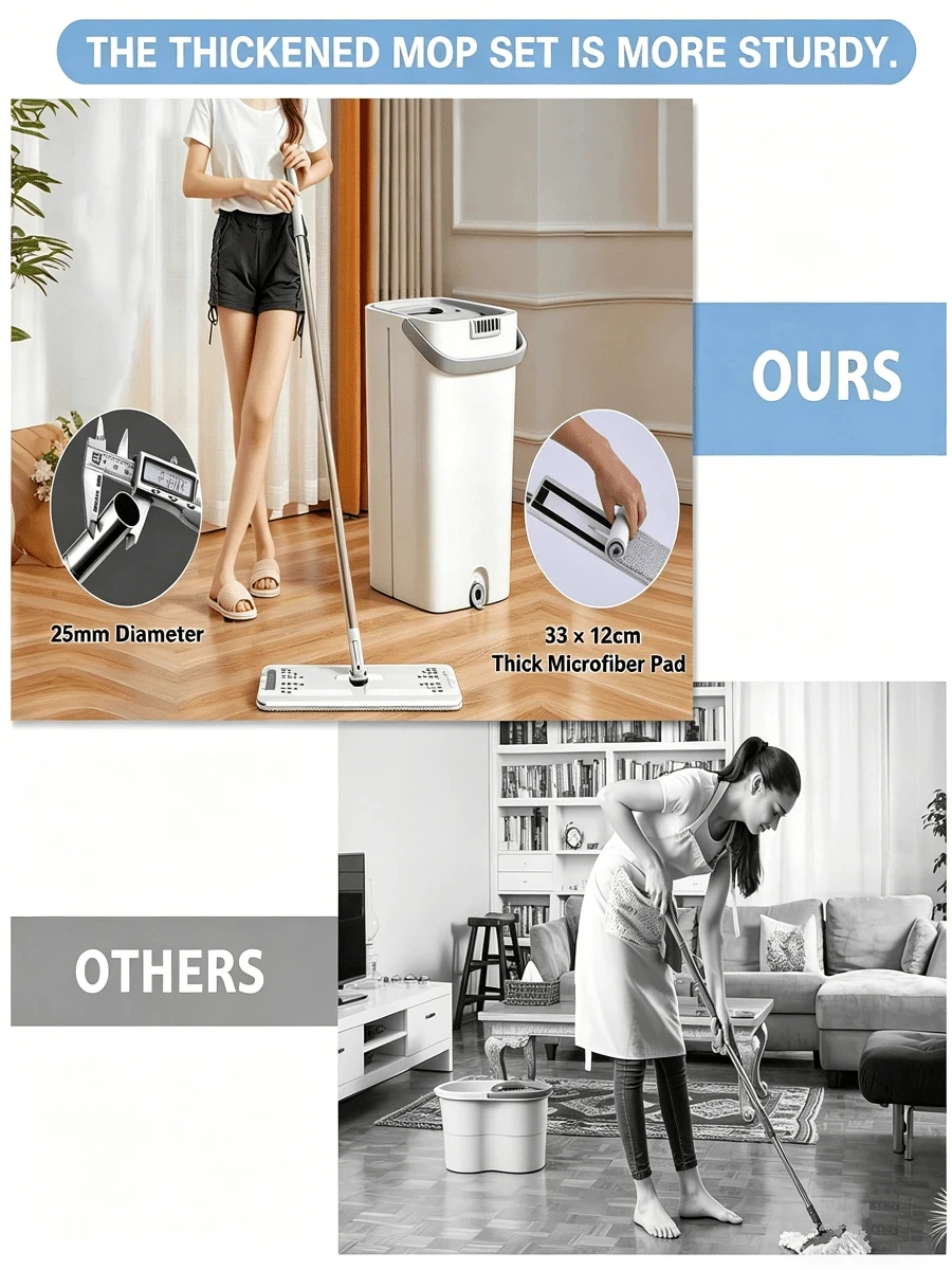 PokEpic 1PC Upgrade Mop And Bucket With Wringer Set, Flat Floor Cleaning Mop System With 6 Reusable Microfiber Pads, Wet Dry Household Cleaning Tool, Durable Floor Mop For Kitchen Bathroom Home Essentials/sh260429125579894628443