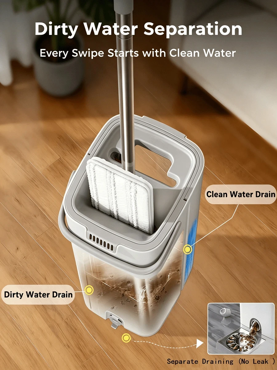 PokEpic 1PC Upgrade Mop And Bucket With Wringer Set, Flat Floor Cleaning Mop System With 6 Reusable Microfiber Pads, Wet Dry Household Cleaning Tool, Durable Floor Mop For Kitchen Bathroom Home Essentials/sh260429125579894628443