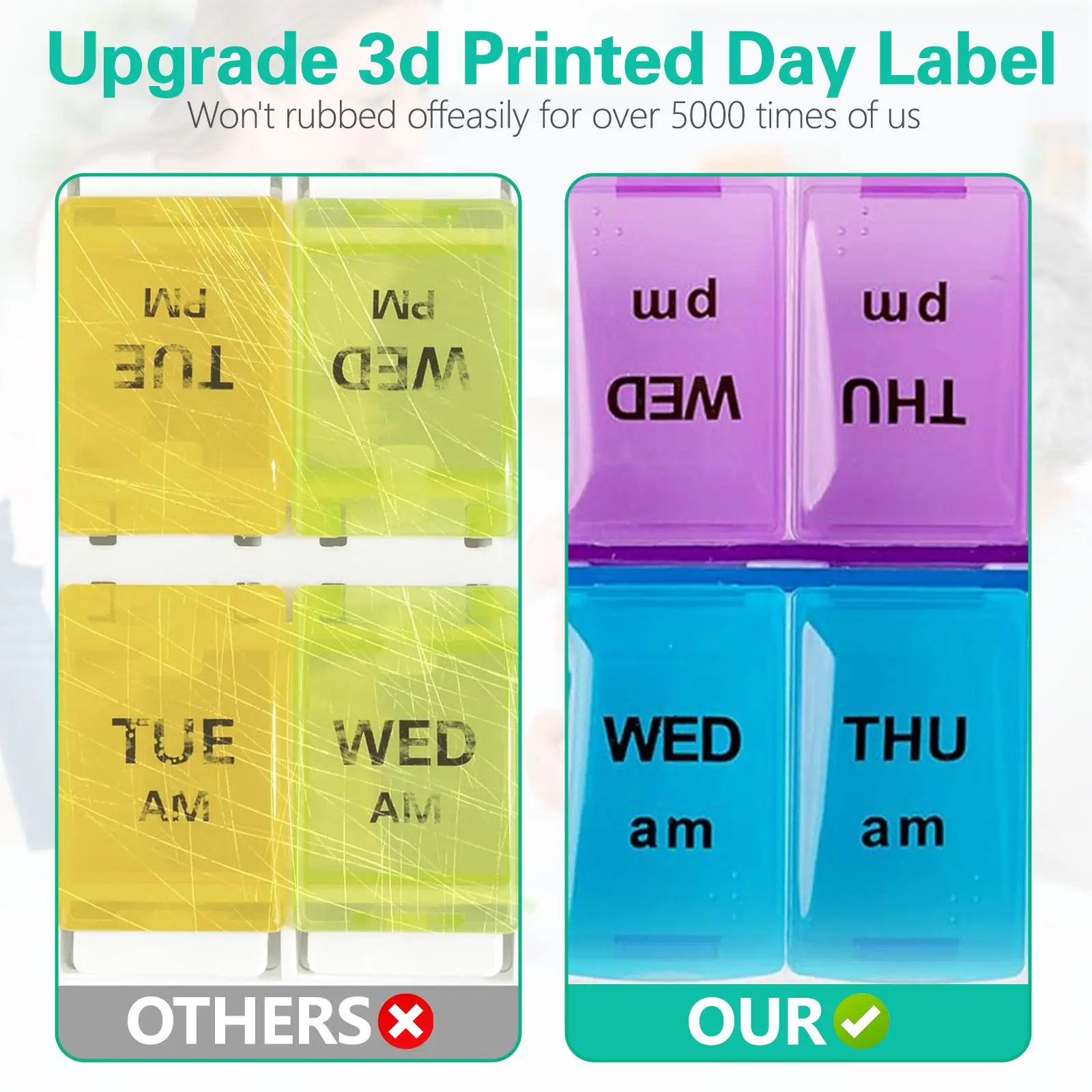 Weekly Pill Organizer 7 Day AM/PM – 2 Pack 14 Compartments Medicine Case, Removable Pill Box with Date Labels, Large Capacity, Durable Tight-Lid Design, Easy To Identify for Daily Medication