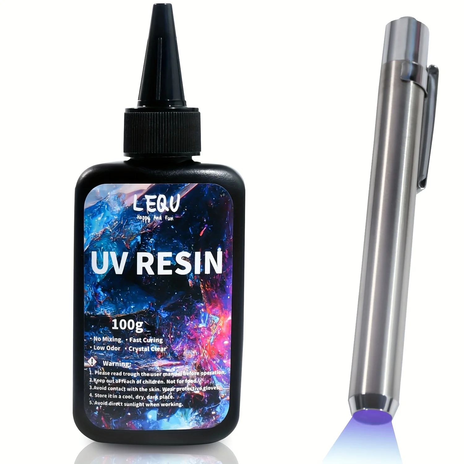 100g UV Resin Kit, Quick-Drying Epoxy Adhesive, Suitable For Beginners And Secondary Bonding; 100g Adhesive, Coloured UV Resin (White, Black And Red), Comes With A Pen-Style UV Lamp, Suitable For Resin Casting And Jewellery Casting.