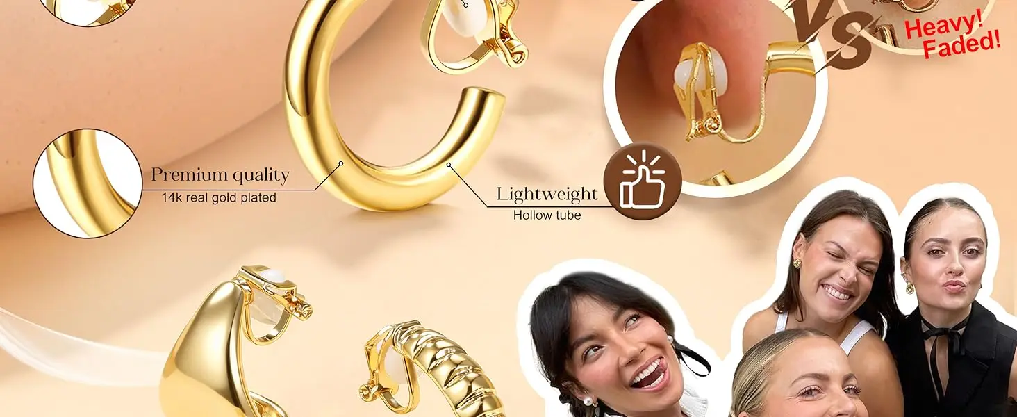 Clip On Earrings for Women 14K Gold Plated Clip Earrings Non Pierced Ears Clips CZ Pearl Knot Twist Chunky Hoop and Studs Earring Set Hypoallergenic Fake Earings Jewelry