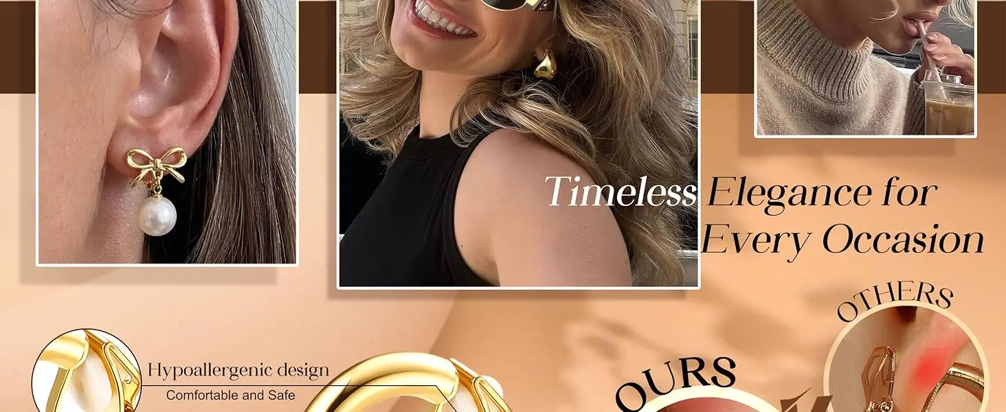 Clip On Earrings for Women 14K Gold Plated Clip Earrings Non Pierced Ears Clips CZ Pearl Knot Twist Chunky Hoop and Studs Earring Set Hypoallergenic Fake Earings Jewelry