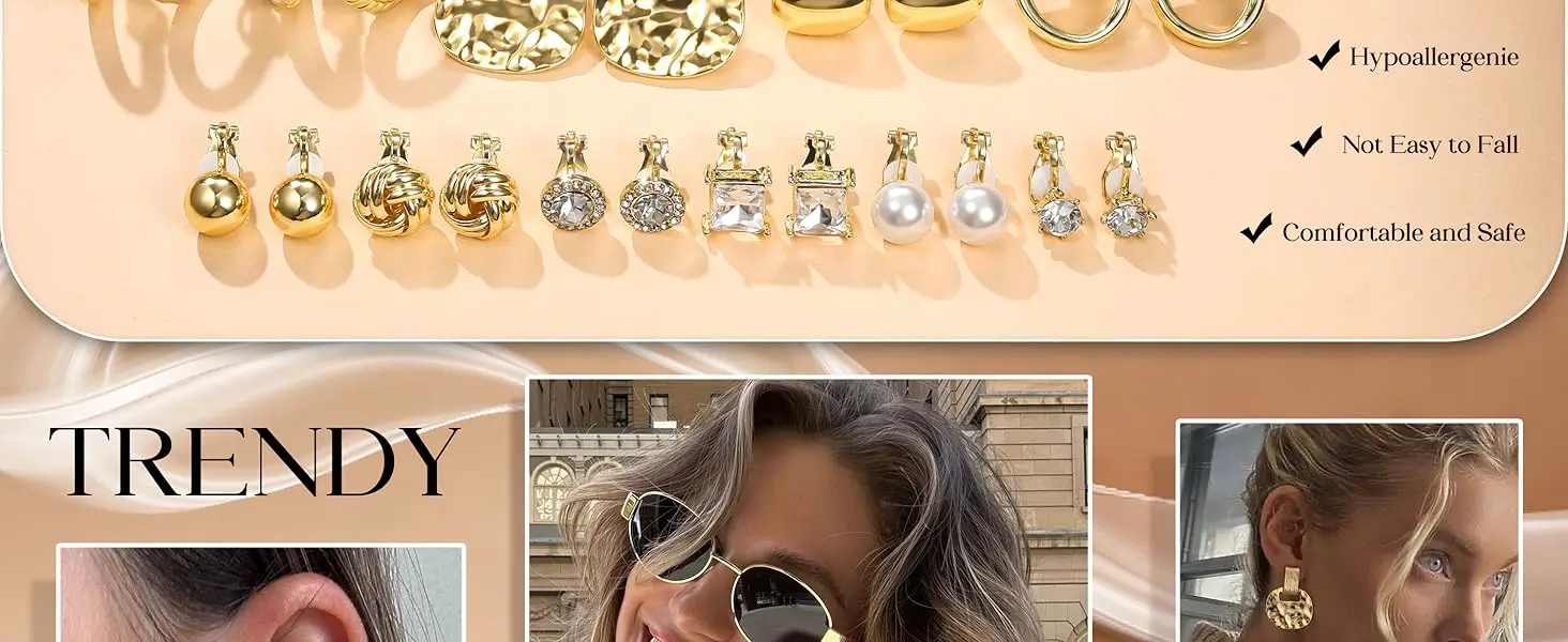 Clip On Earrings for Women 14K Gold Plated Clip Earrings Non Pierced Ears Clips CZ Pearl Knot Twist Chunky Hoop and Studs Earring Set Hypoallergenic Fake Earings Jewelry