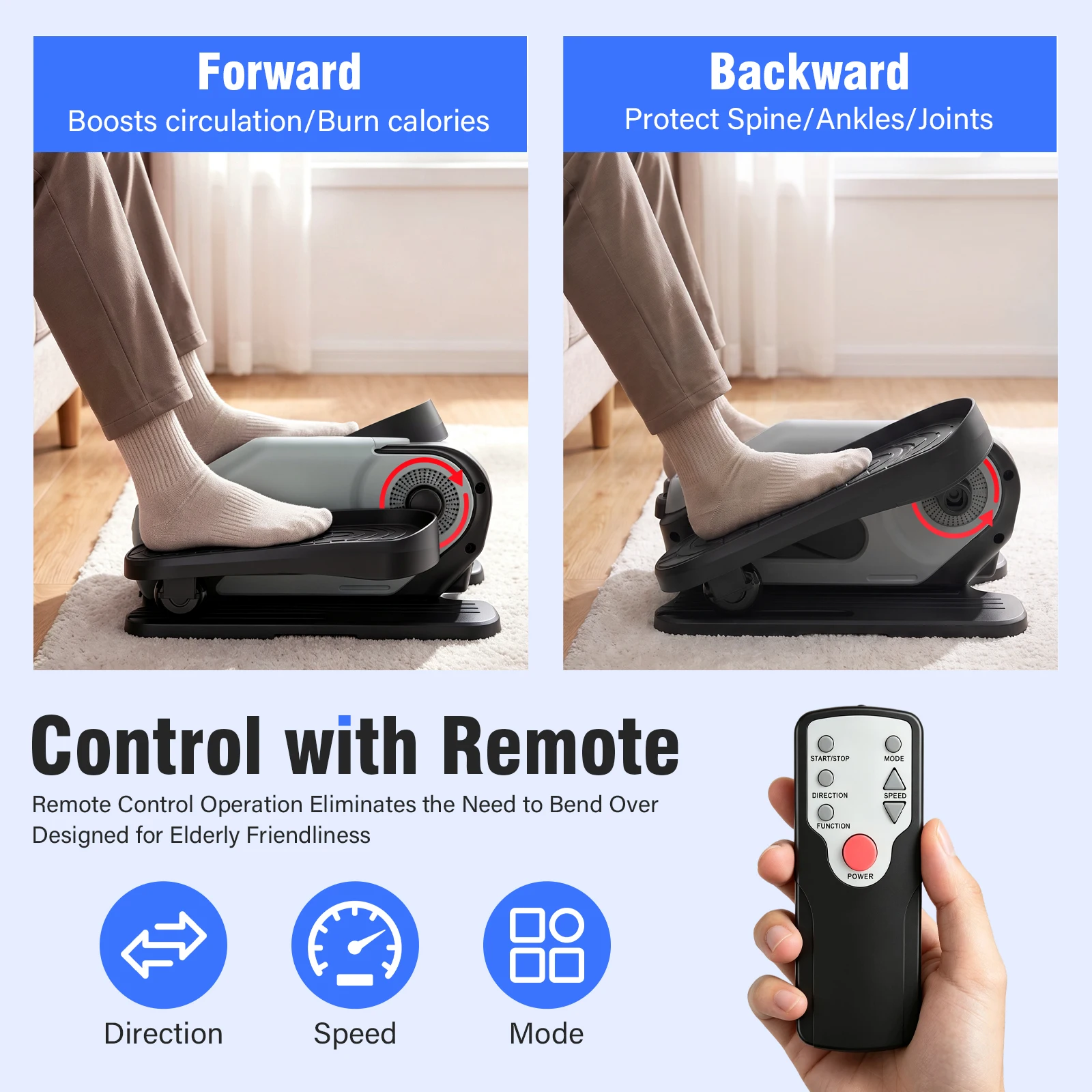 Portable Under-Desk Elliptical Machine No-Assembly Smart Elliptical Electric for Home Manual 12-Speed + Auto 15-Speed Dual-Mode Resistance Forward Reverse Remote Control for Rehabilitation Body Shaping & Cardio Fitness
