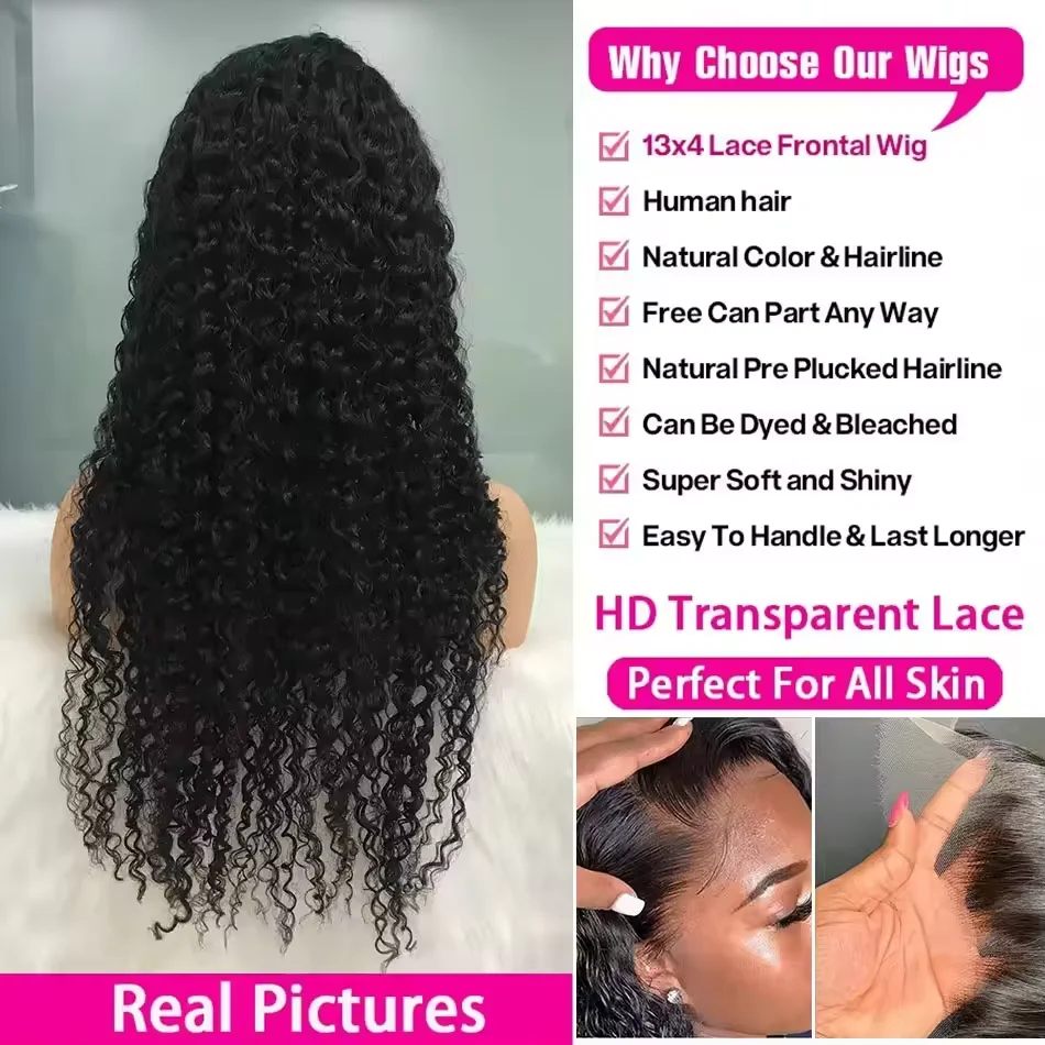 100% Human Hair Malaysian Remy Hair 40 42 Inch Deep Wave Kinky Curly Wigs Pre Plucked HD Transparent Lace 200 Density
