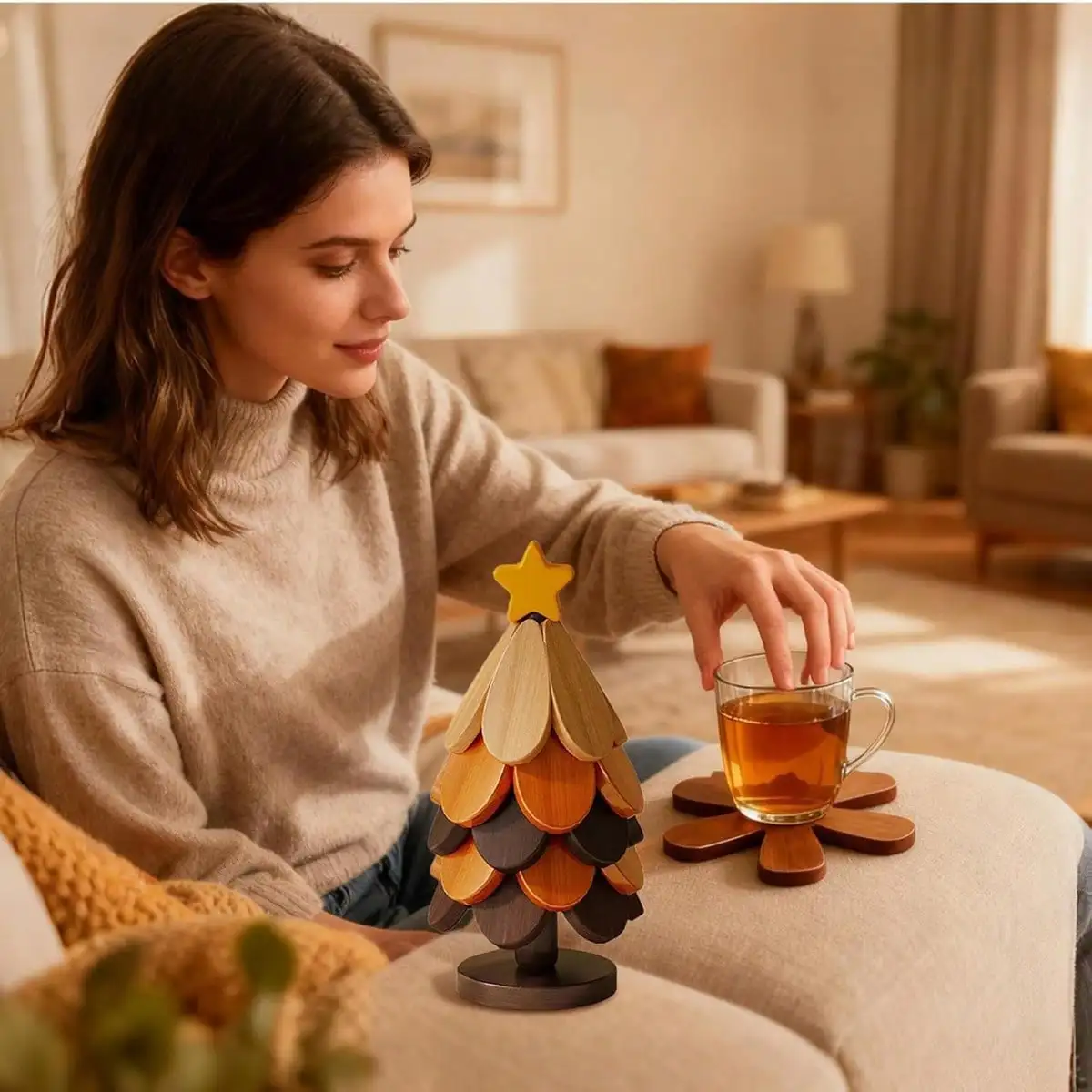 Star Wooden Christmas Tree Shaped Coasters For Home / Entryway Decor, Dinner Table Or Coffee Table. Heat-Resistant Wooden Trivets For Hot Dishes Wooden Tree Trivets Set For Hot Pans, Bowls Or Plates.