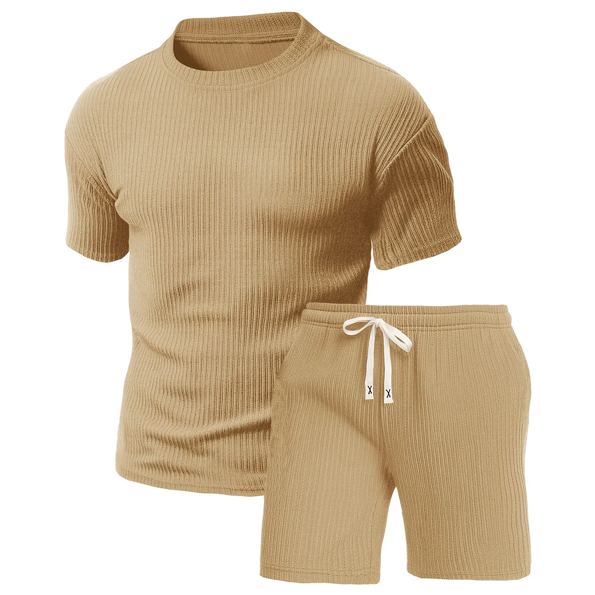 2-Piece Men's Round Neck Short-Sleeved Shorts Set, Textured Fabric Breathable and Sweat Wicking, Suitable for Outdoor Hiking, Travel, Fitness and Other Sports in Summer with Casual Sports T-Shirt Set