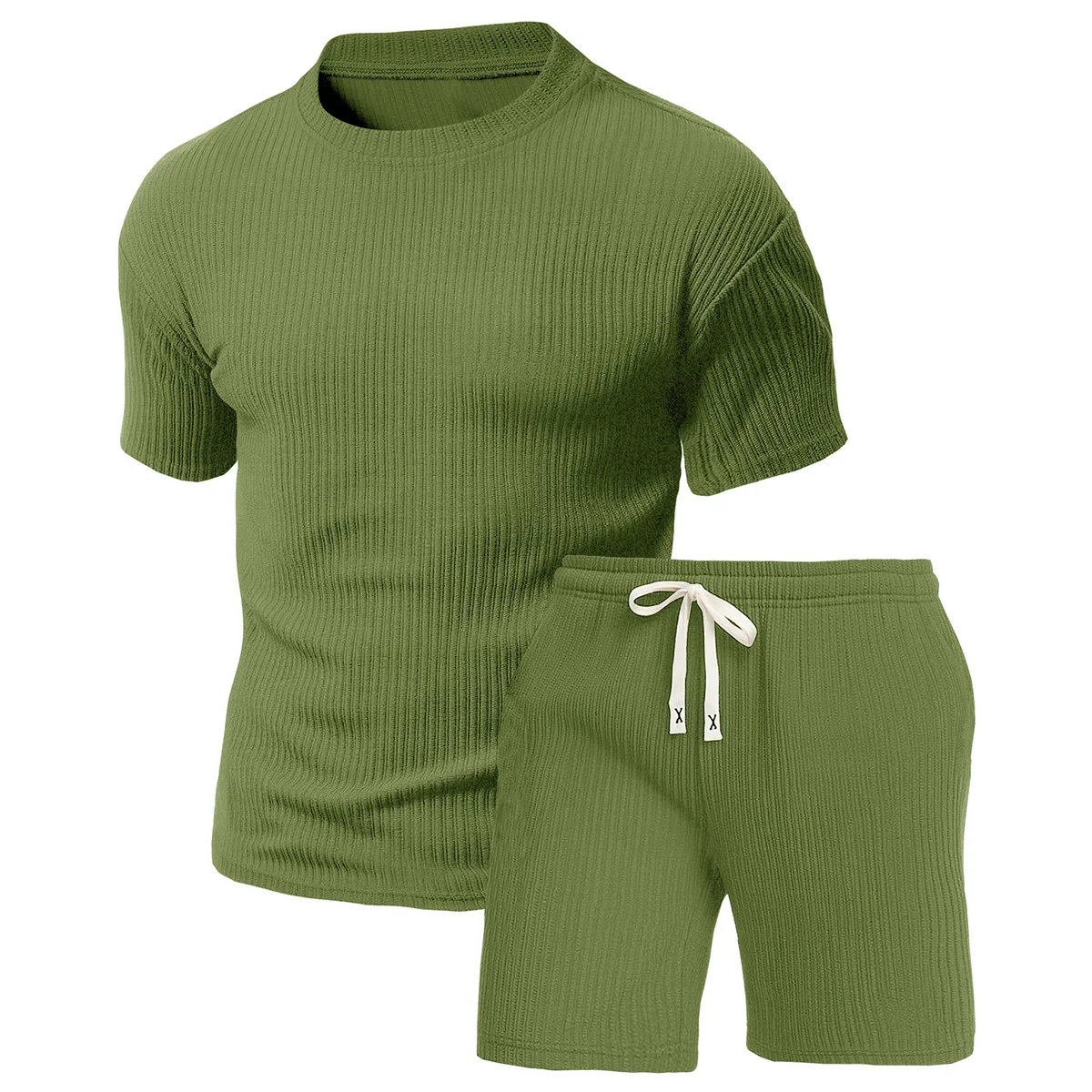 2-Piece Men's Round Neck Short-Sleeved Shorts Set, Textured Fabric Breathable and Sweat Wicking, Suitable for Outdoor Hiking, Travel, Fitness and Other Sports in Summer with Casual Sports T-Shirt Set