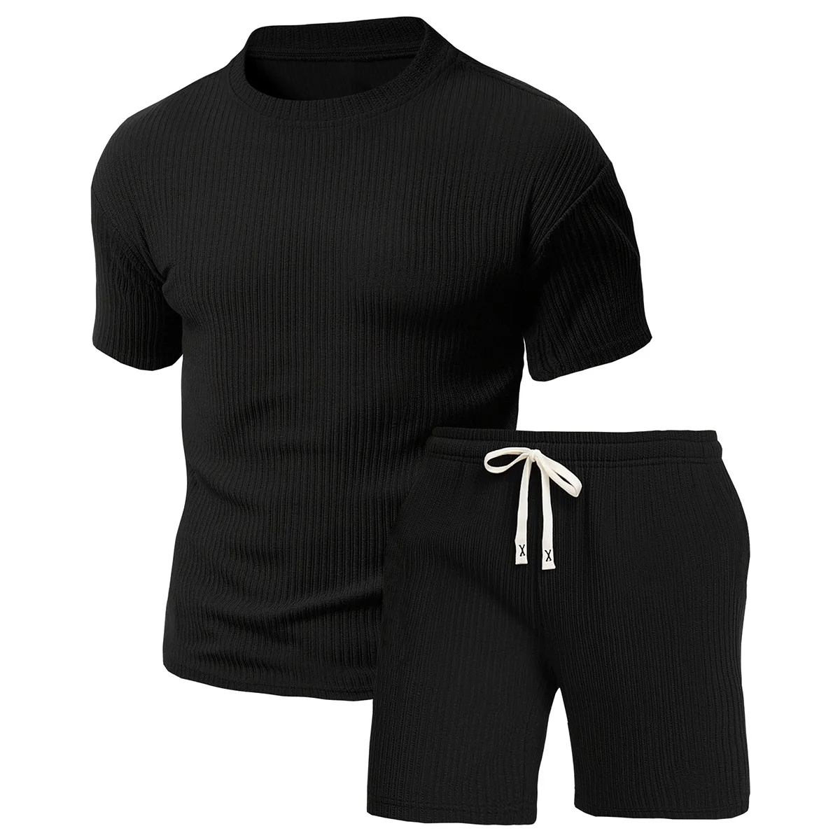 2-Piece Men's Round Neck Short-Sleeved Shorts Set, Textured Fabric Breathable and Sweat Wicking, Suitable for Outdoor Hiking, Travel, Fitness and Other Sports in Summer with Casual Sports T-Shirt Set