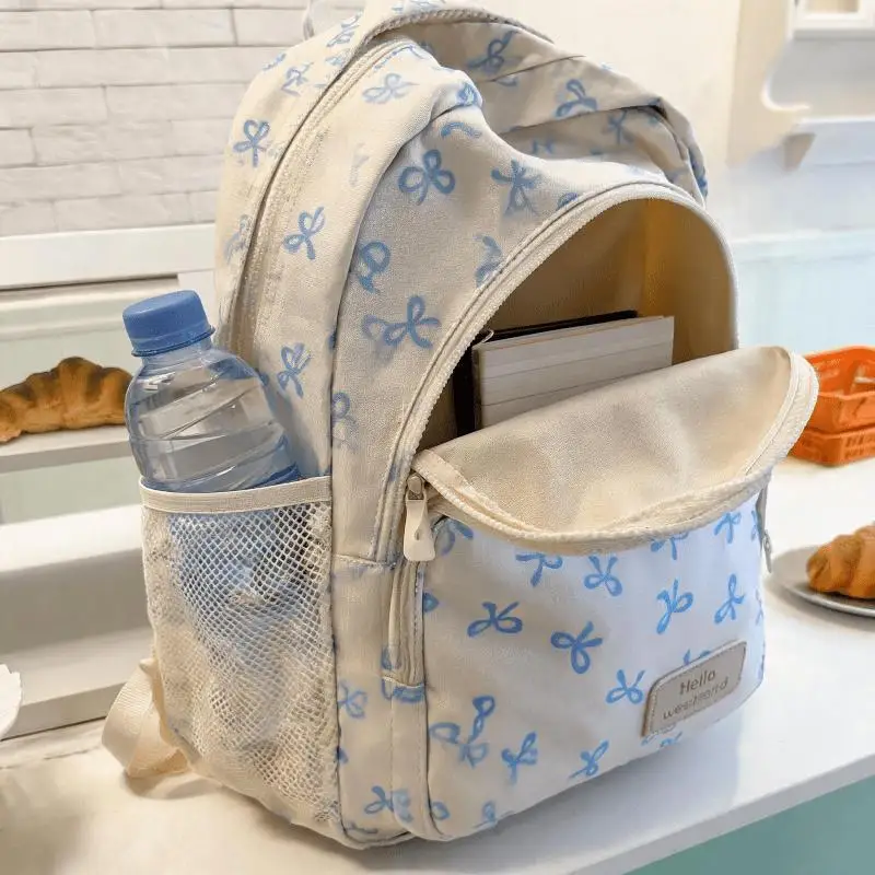 JSERYISGN Korean Bow Print Lightweight Backpack - Simple Schoolbag Set, Student Bag with Cute Bow Motif