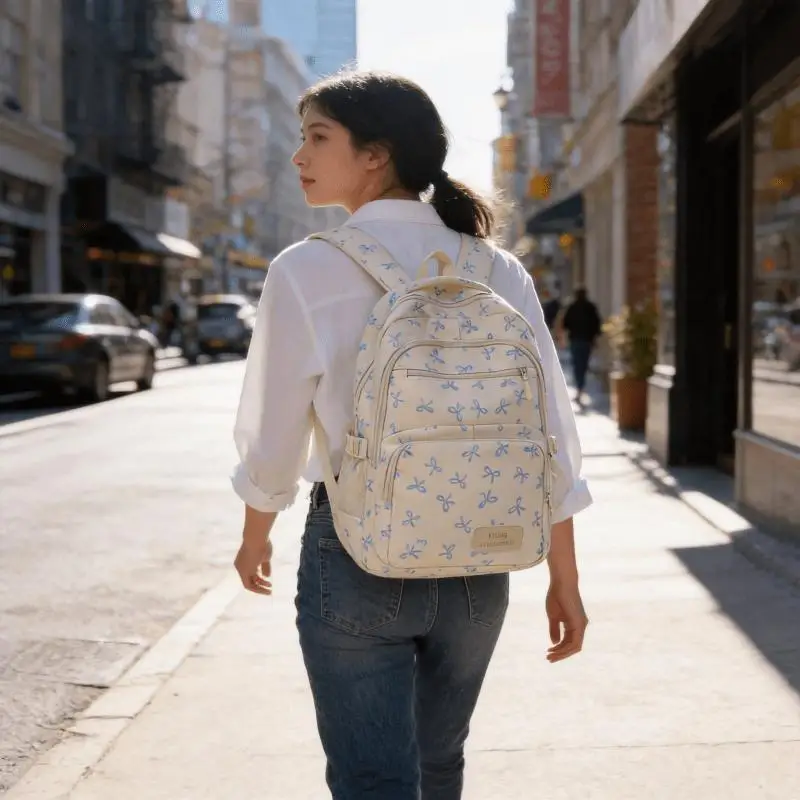 JSERYISGN Korean Bow Print Lightweight Backpack - Simple Schoolbag Set, Student Bag with Cute Bow Motif