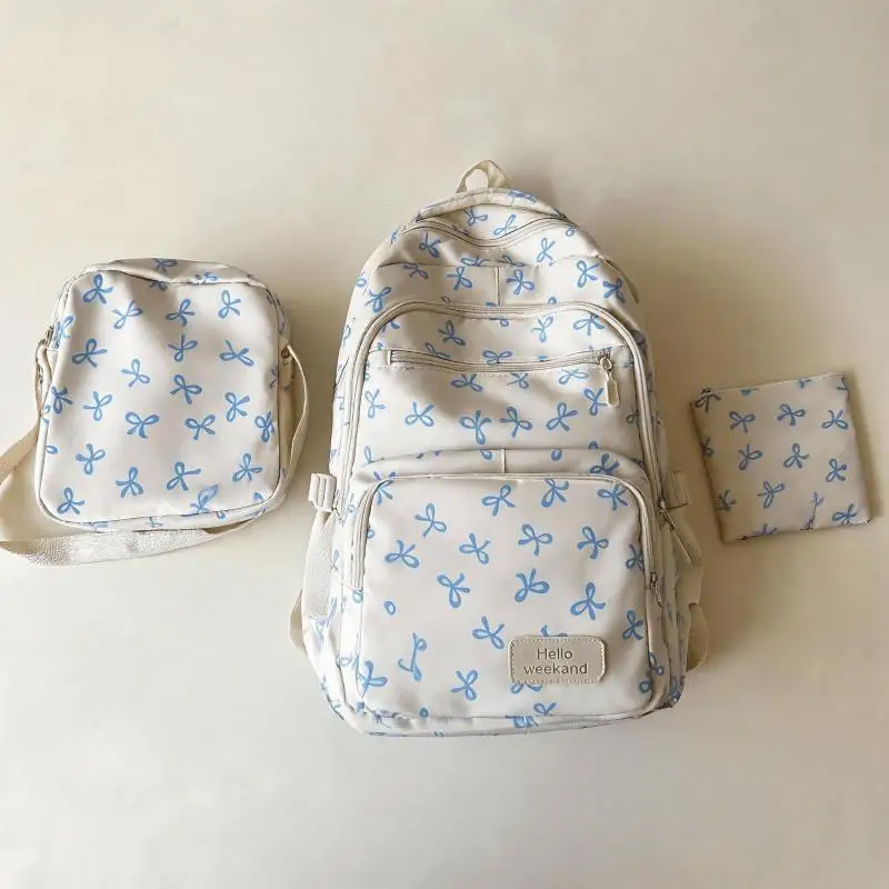JSERYISGN Korean Bow Print Lightweight Backpack - Simple Schoolbag Set, Student Bag with Cute Bow Motif