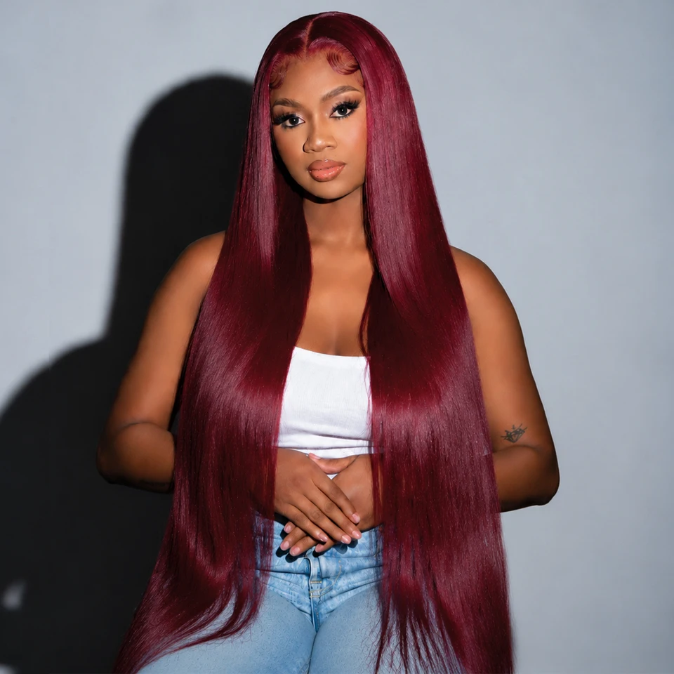 Burgundy 99J 13X6 HD Lace Front Wigs Human Hair Indian Bone Straight Human Hair Wig Pre Plucked Red Colored Lace Frontal Wigs