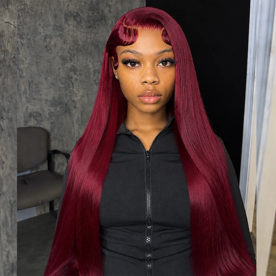 Burgundy 99J 13X6 HD Lace Front Wigs Human Hair Indian Bone Straight Human Hair Wig Pre Plucked Red Colored Lace Frontal Wigs