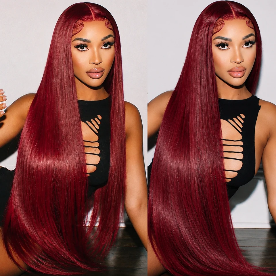 Burgundy 99J 13X6 HD Lace Front Wigs Human Hair Indian Bone Straight Human Hair Wig Pre Plucked Red Colored Lace Frontal Wigs