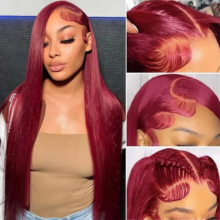 Burgundy 99J 13X6 HD Lace Front Wigs Human Hair Indian Bone Straight Human Hair Wig Pre Plucked Red Colored Lace Frontal Wigs