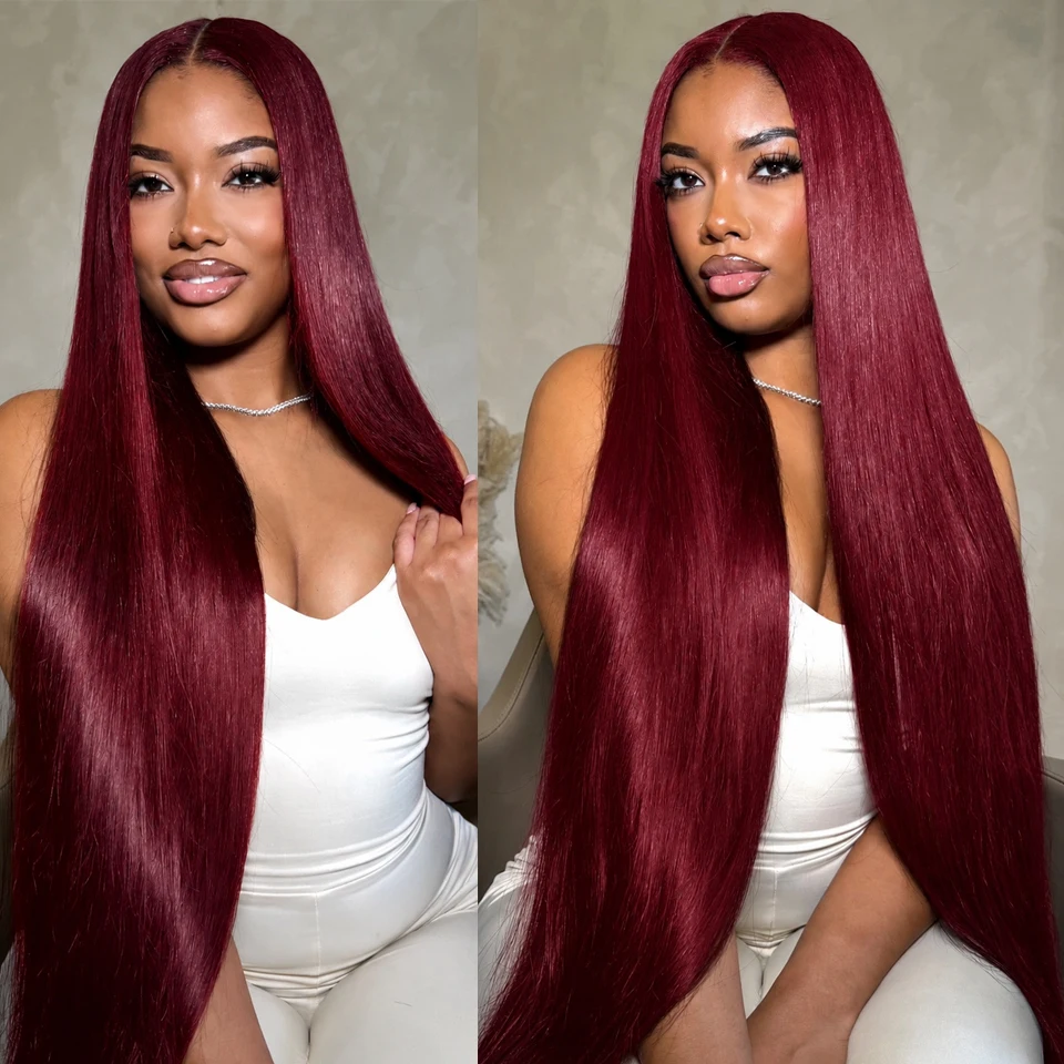 Burgundy 99J 13X6 HD Lace Front Wigs Human Hair Indian Bone Straight Human Hair Wig Pre Plucked Red Colored Lace Frontal Wigs