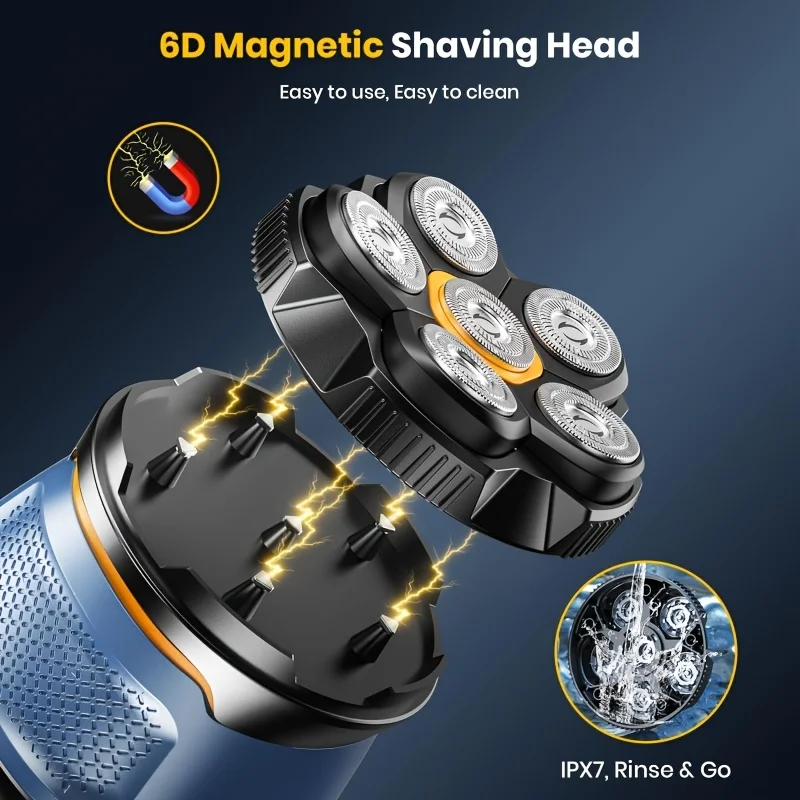 Magnetic 6D rotating razor | Rechargeable bald shaver, facial beard trimmer, IPX7 waterproof, silent motor, magnetic blade haircut set | Boyfriend gift first choice, Father's Day gift