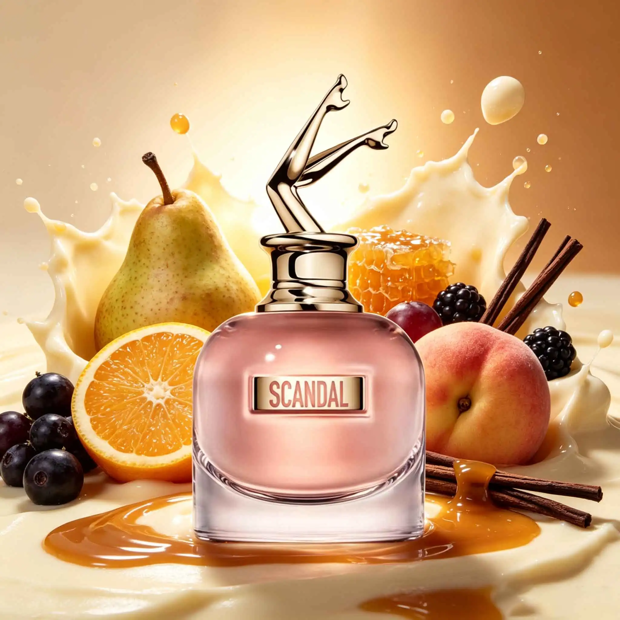 Jean Paul Gaultier Scandal Perfume, Iconic Metallic‑leg Cap Paired With Soft Pink Round Bottle. Bright Citrus Opens The Scent, Jasmine And Tuberose Bloom Gently, Honey And Licorice Deliver Sweet Gourmand Dry‑down, Feminine And Seductive.
