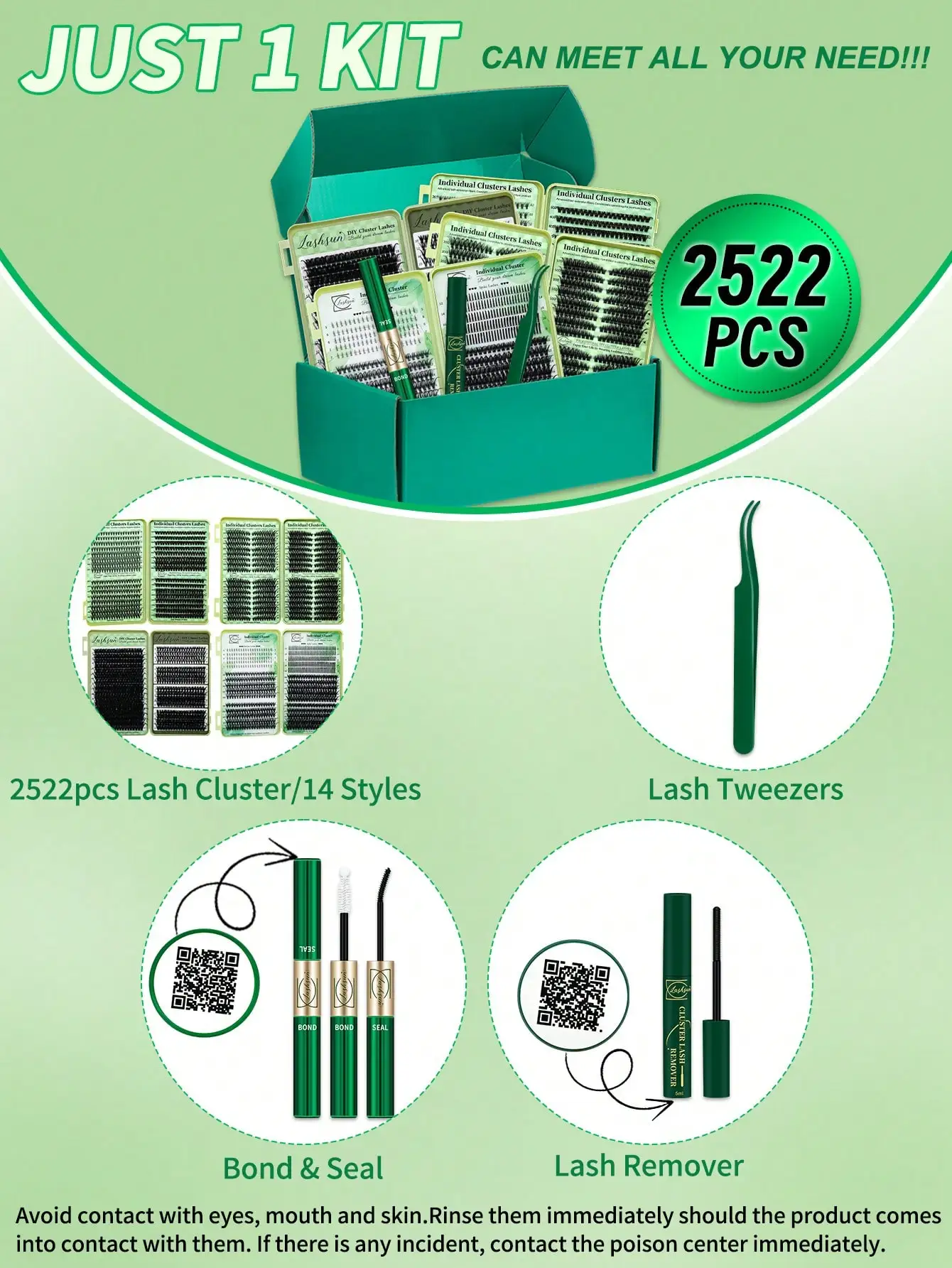 Lashsun 2522pcs Cluster Eyelashes Set, 14 Styles Including Cat Eye, Sheer, Cartoon, Thick, Bottom, Spiky Lashes, With Eyelash Glue, Makeup Remover, Eyelash Curler, Suitable For Beginners And Professionals, Easy DIY At Home, Daily Makeup Application