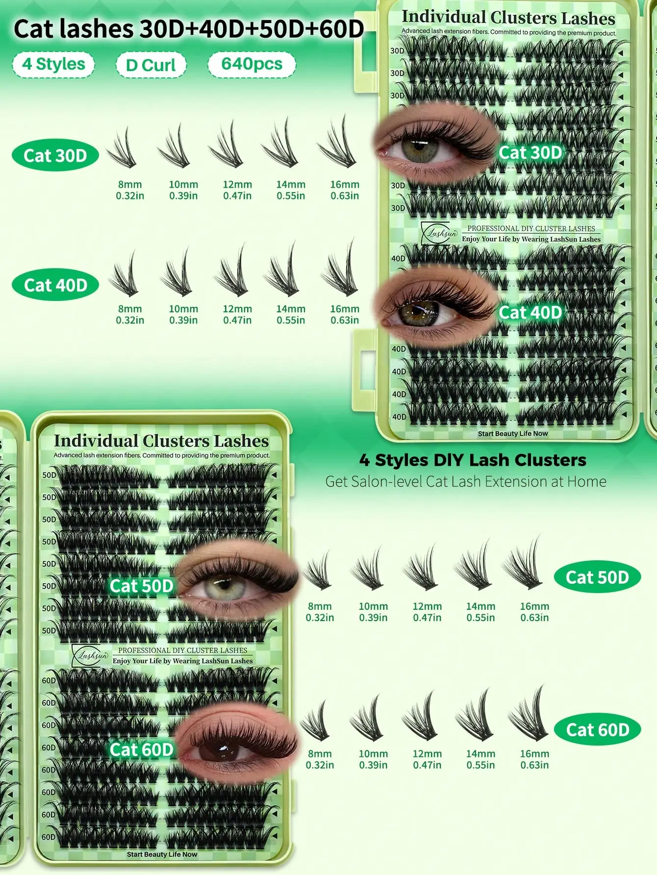 Lashsun 2522pcs Cluster Eyelashes Set, 14 Styles Including Cat Eye, Sheer, Cartoon, Thick, Bottom, Spiky Lashes, With Eyelash Glue, Makeup Remover, Eyelash Curler, Suitable For Beginners And Professionals, Easy DIY At Home, Daily Makeup Application