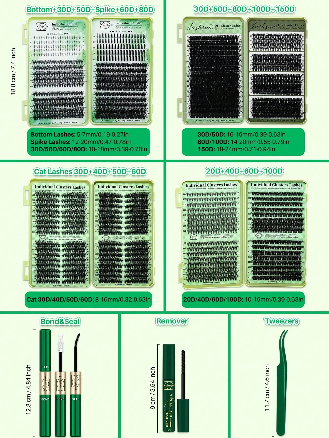 Lashsun 2522pcs Cluster Eyelashes Set, 14 Styles Including Cat Eye, Sheer, Cartoon, Thick, Bottom, Spiky Lashes, With Eyelash Glue, Makeup Remover, Eyelash Curler, Suitable For Beginners And Professionals, Easy DIY At Home, Daily Makeup Application
