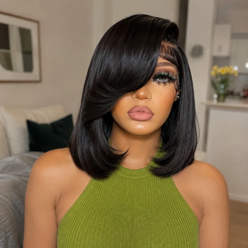 HD Lace Straight Human Hair Wigs 250% Bone Straight Short Glueless Wigs 13x6 HD Lace Front Wig With Baby Hair Pre Plucked Pre Bleached Silky Straight Unprocessed Black HD Lace Wigs For Women Halloween Wigs For Girl