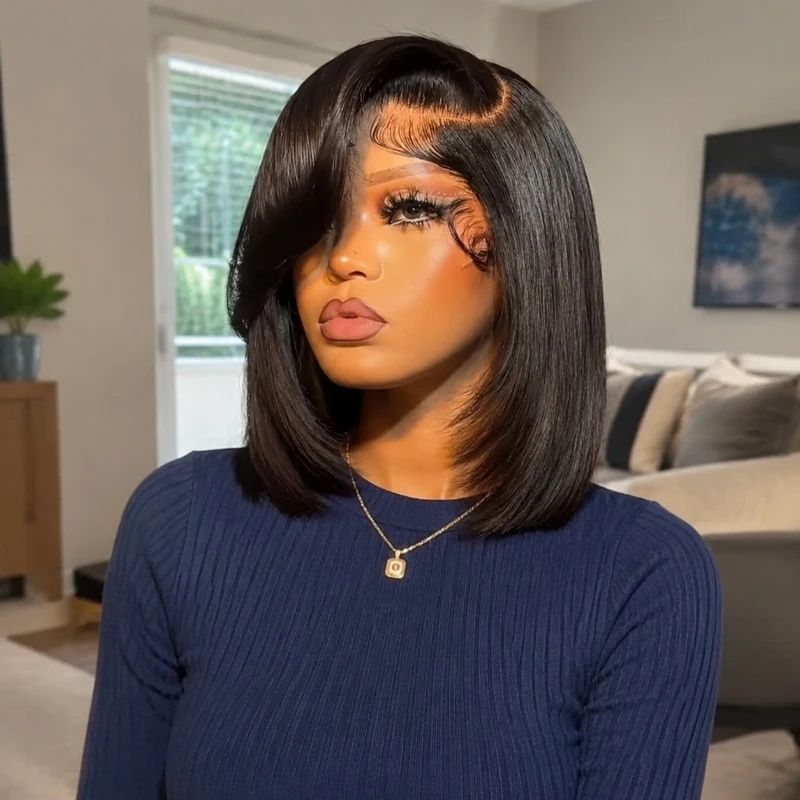 HD Lace Straight Human Hair Wigs 250% Bone Straight Short Glueless Wigs 13x6 HD Lace Front Wig With Baby Hair Pre Plucked Pre Bleached Silky Straight Unprocessed Black HD Lace Wigs For Women Halloween Wigs For Girl