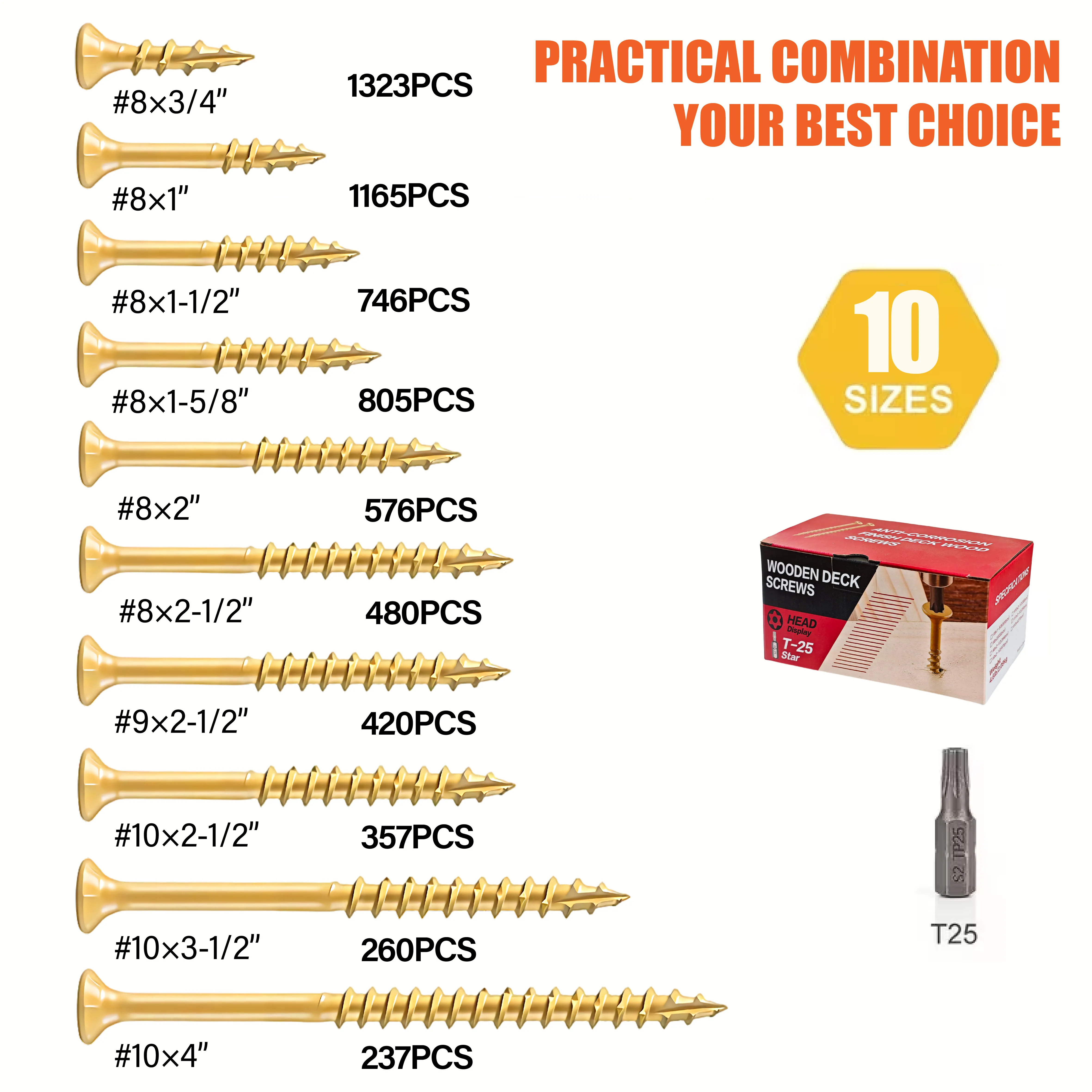 4.6Lbs Yellow Zinc Plated Torx Wood Screws Self‑Tapping Star Drive Chipboard Screws Rust Resistant Fasteners for Woodworking Carpentry DIY Projects