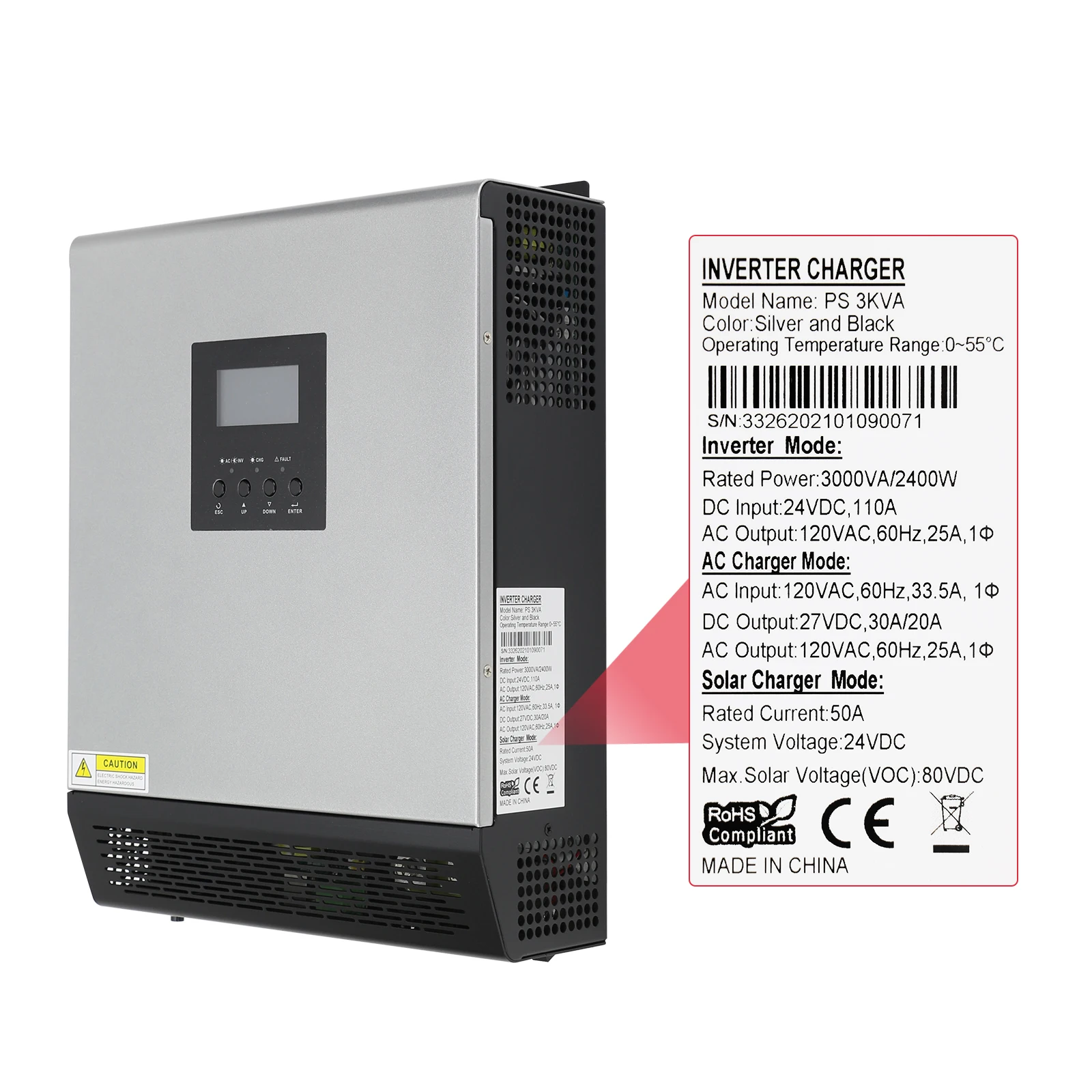 ECGSOLAX 3KVA PS‑3K 120V Hybrid Solar Inverter Charger 24V DC to 120V AC Pure Sine Wave Off‑Grid Inverter Built‑in Solar & AC Battery Charger for Home Power Backup