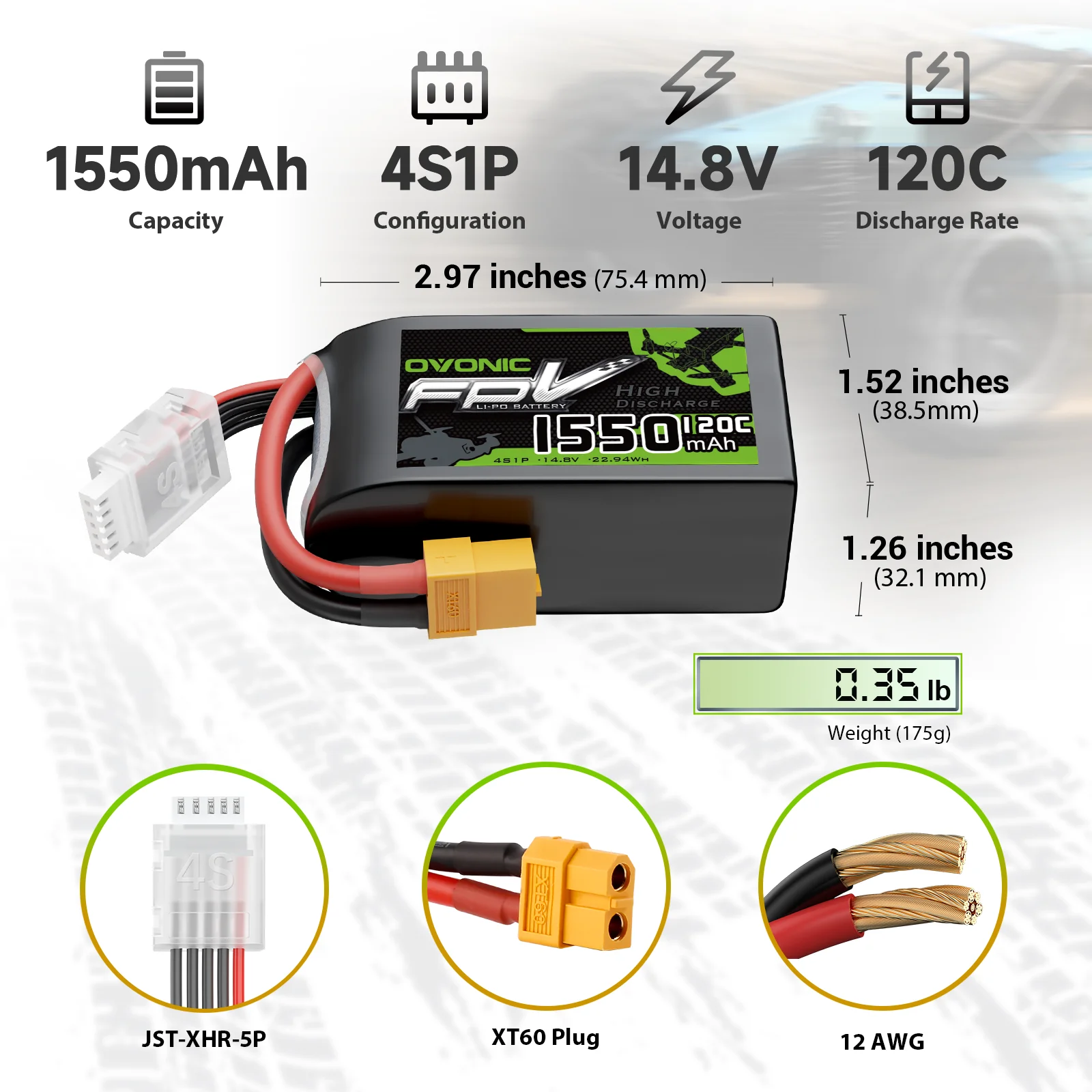 OVONIC R‑Line Version 3.0 4S Lipo Battery 1550mAh 120C 14.8V XT60 Plug FPV Drone Battery for 180‑250mm FPV Racing Freestyle Drones 1 Pack 2 Pack