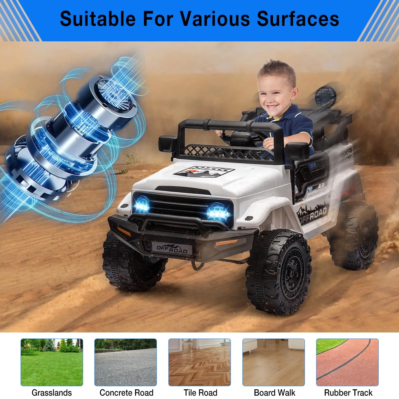 12V Kids Ride On Truck Car With Parent Remote, 3 Speeds, Spring Suspension, LED Lights, Music, Electric Toddler Toy