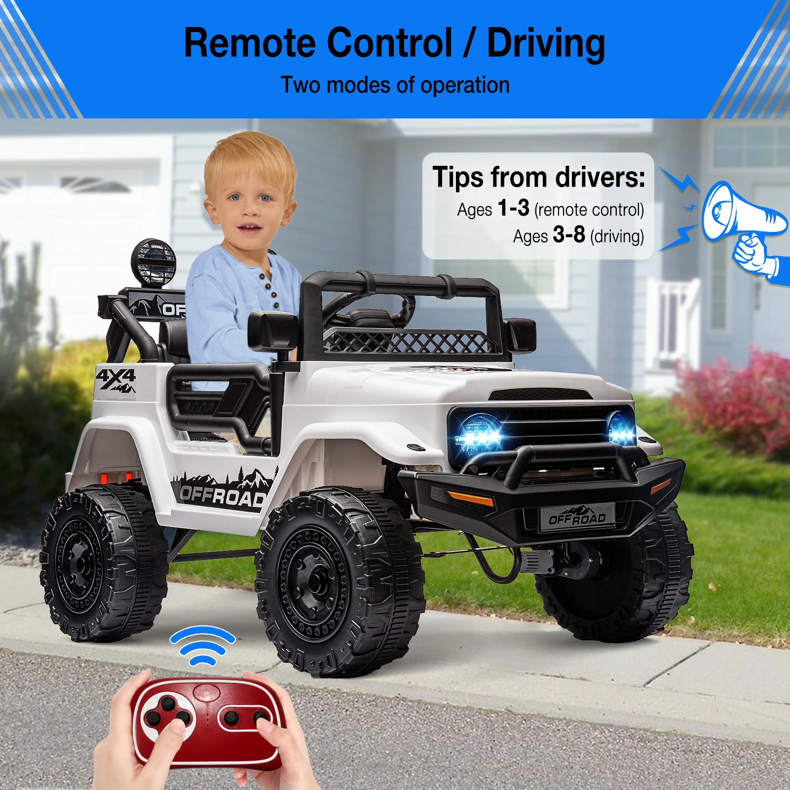 12V Kids Ride On Truck Car With Parent Remote, 3 Speeds, Spring Suspension, LED Lights, Music, Electric Toddler Toy